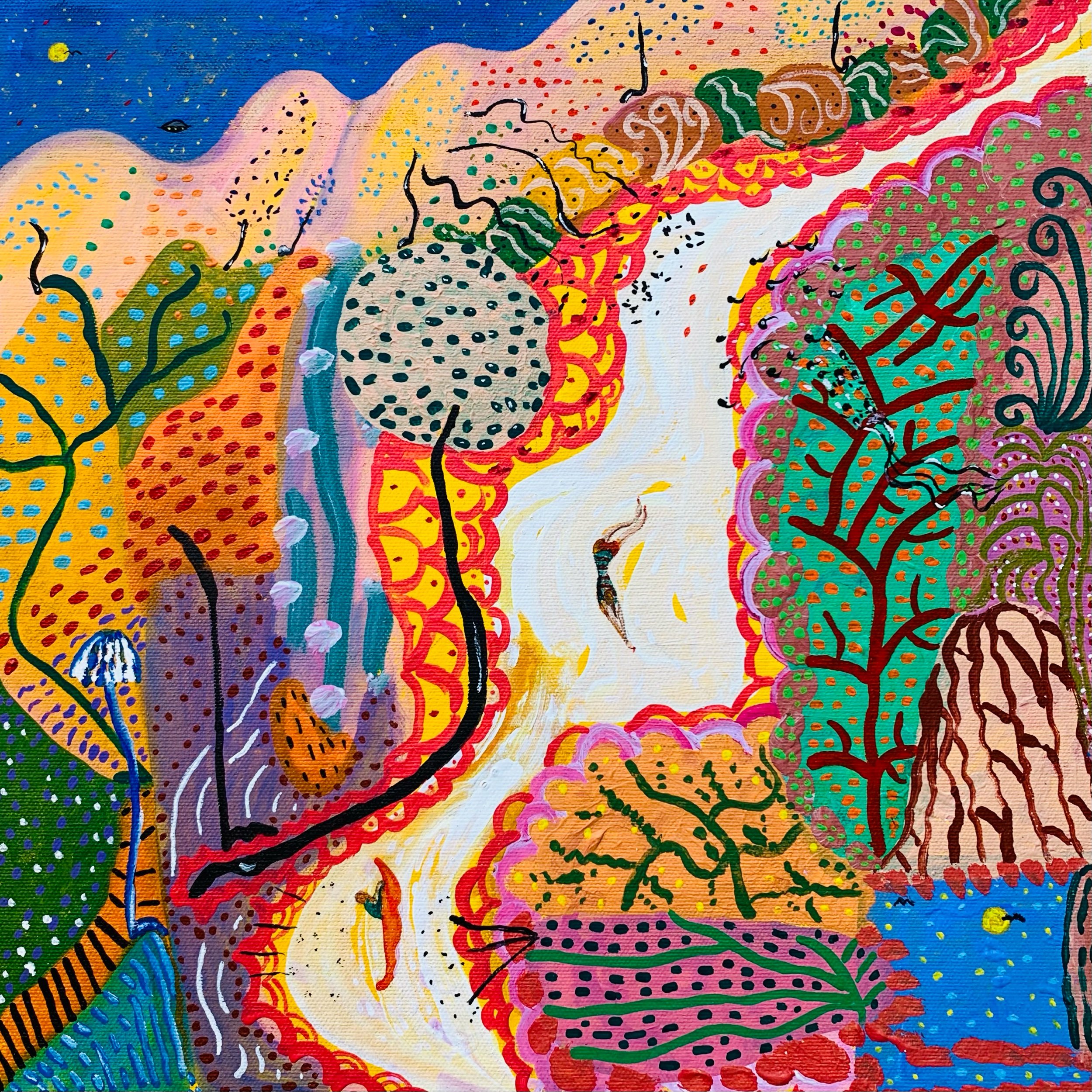 Kavanayén, vidas duales Orinoco river. 2025 Gouache on canvas 14 × 14 in 35 x 35 cm
