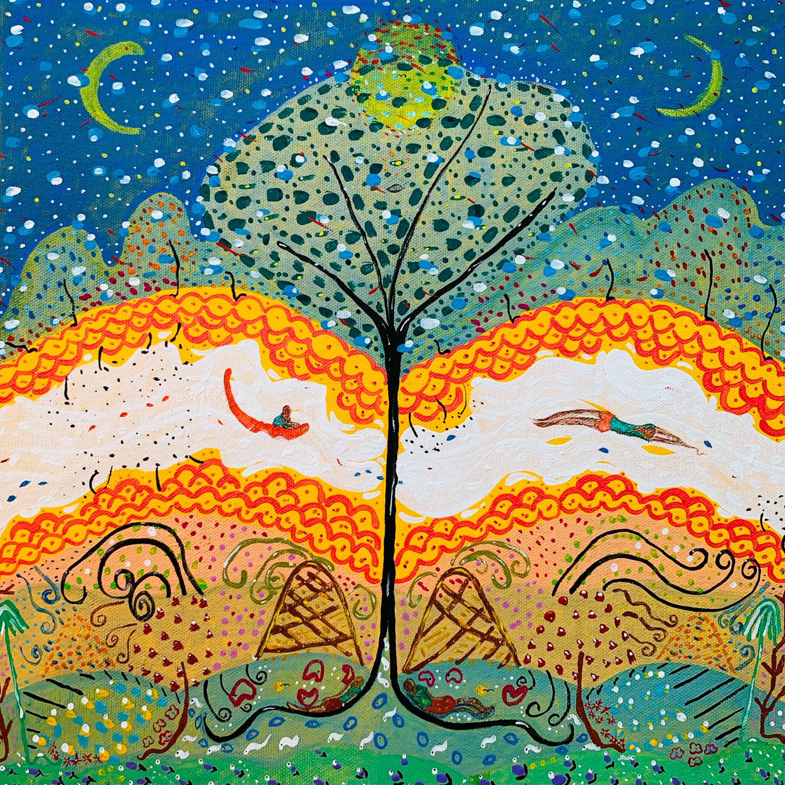Kavanayén, vidas paralelas Orinoco river. 2025 Gouache on canvas 14 × 14 in 35 x 35 cm