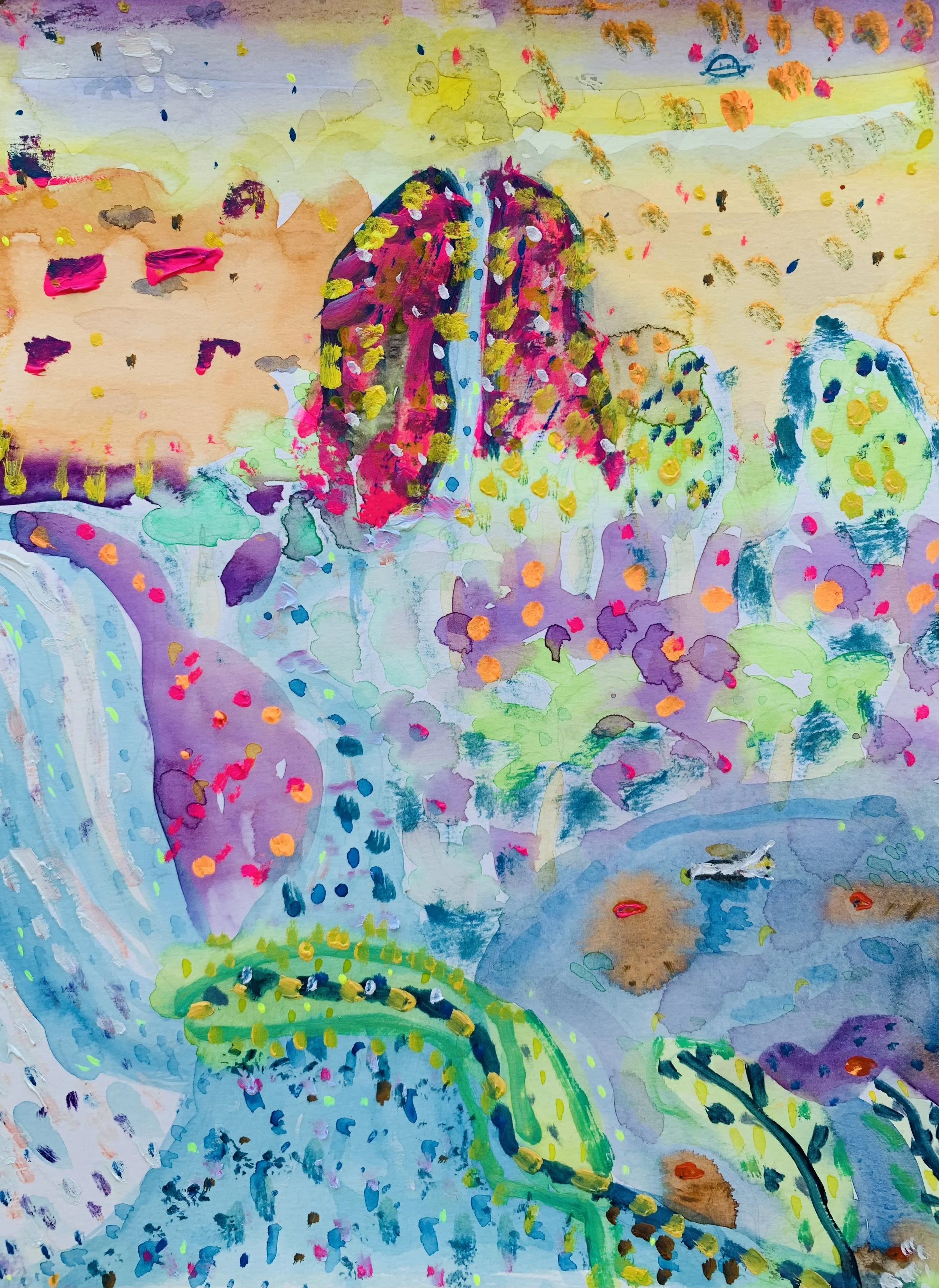 Kavanayén, nadando con los peces, 2025 Water color and oil on paper 9 x 12 in 22.9 x 30.5 cm