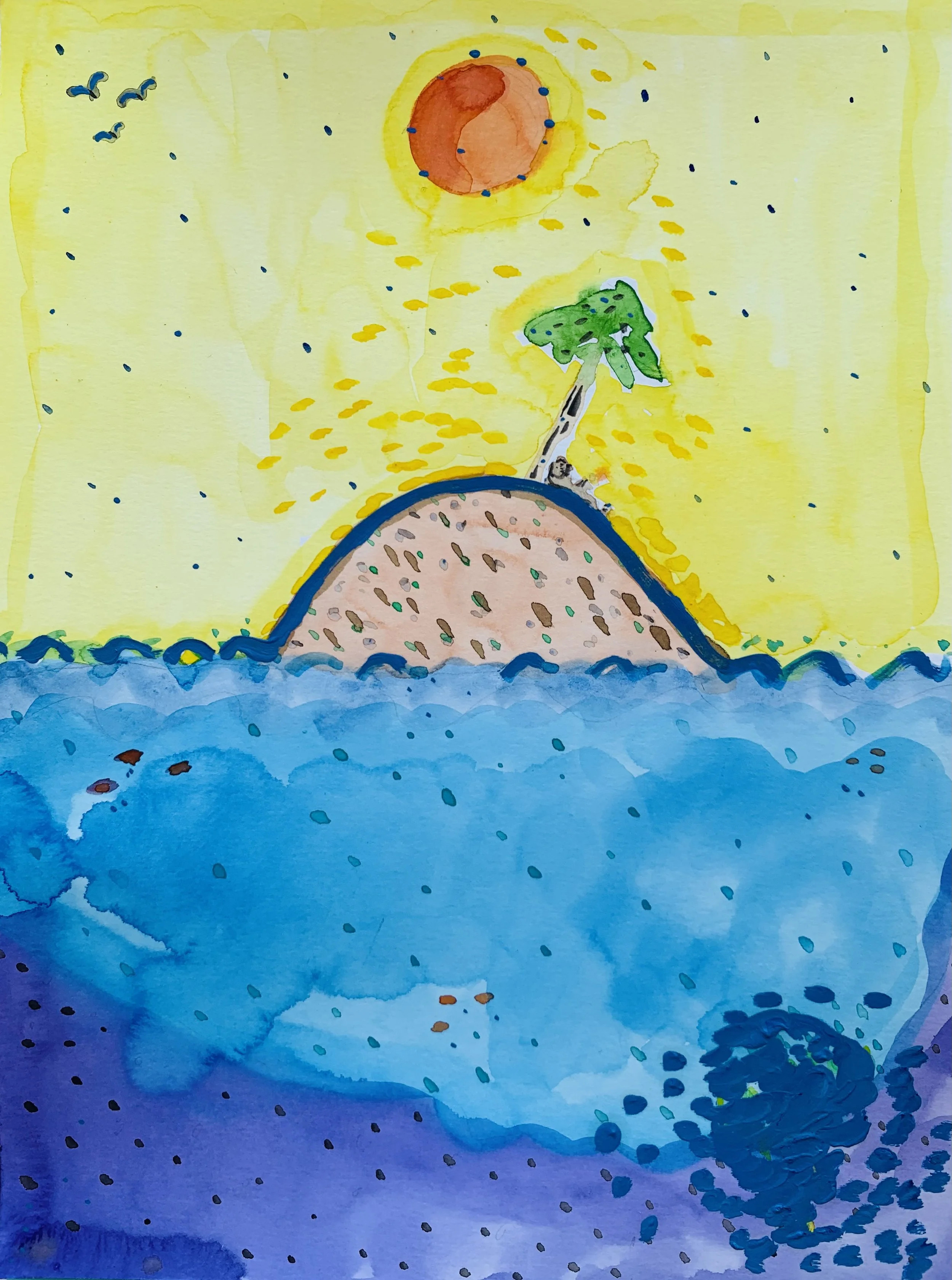 Kavanayén, Cayo Pelón con palmera, 2025 Water color and oil on paper 9 x 12 in 22.9 x 30.5 cm