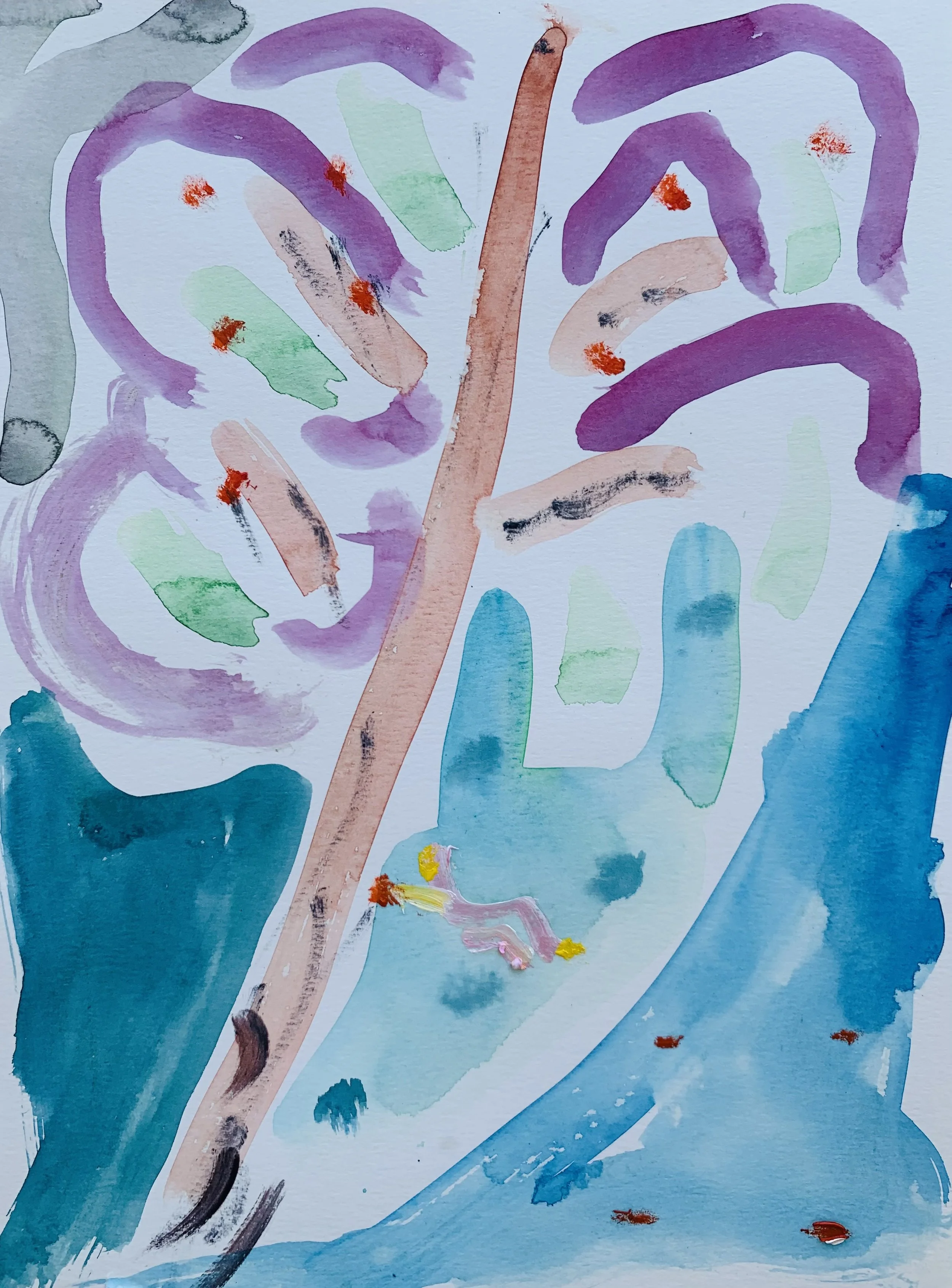 Kavanayén, escondida bajo el gran árbol. 2025 Water color and oil on paper 9 x 12 in 22.9 x 30.5 cm