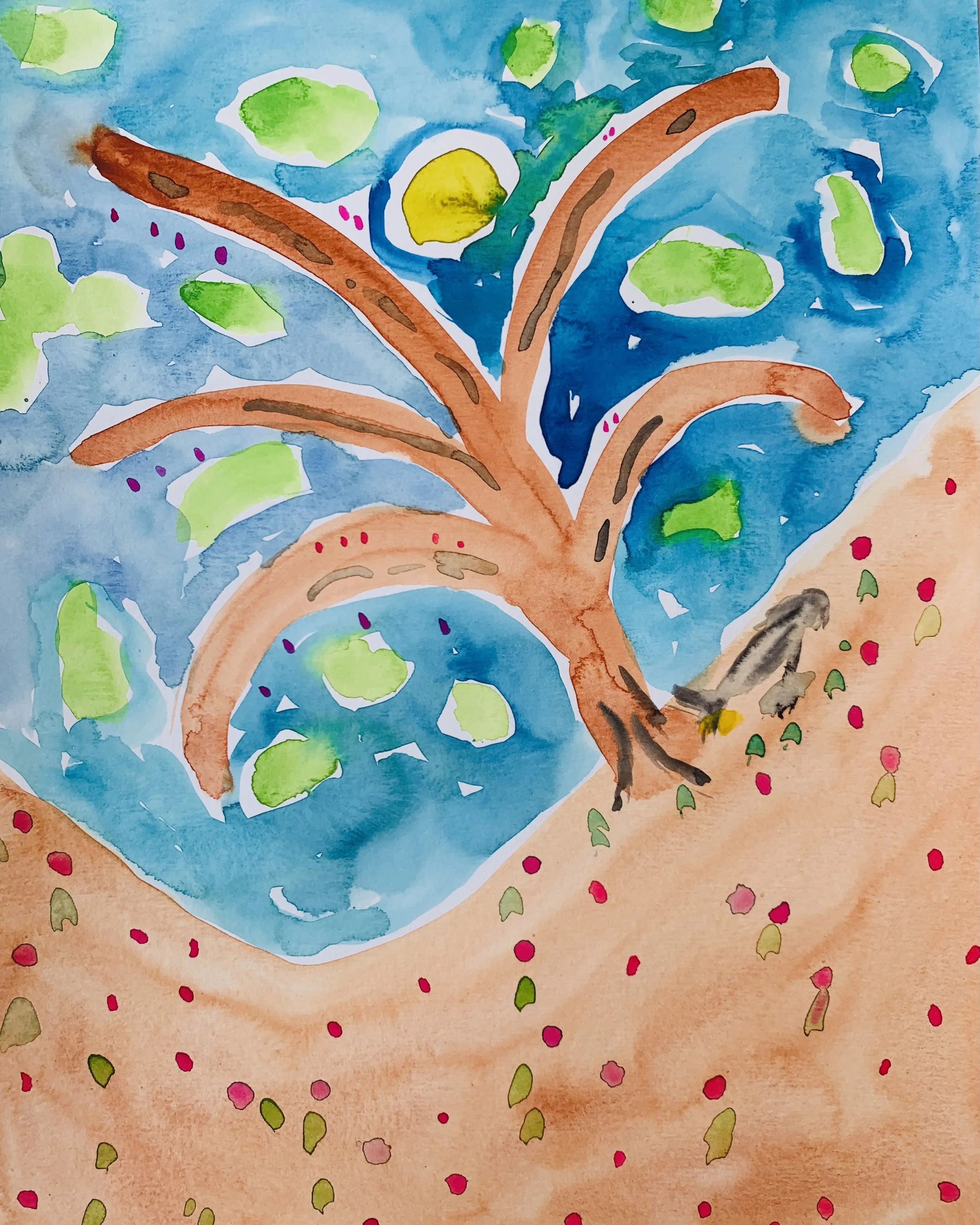 Kavanayén, bajo el árbol inclinado. 2025 Water color and oil on paper 9 x 12 in 22.9 x 30.5 cm