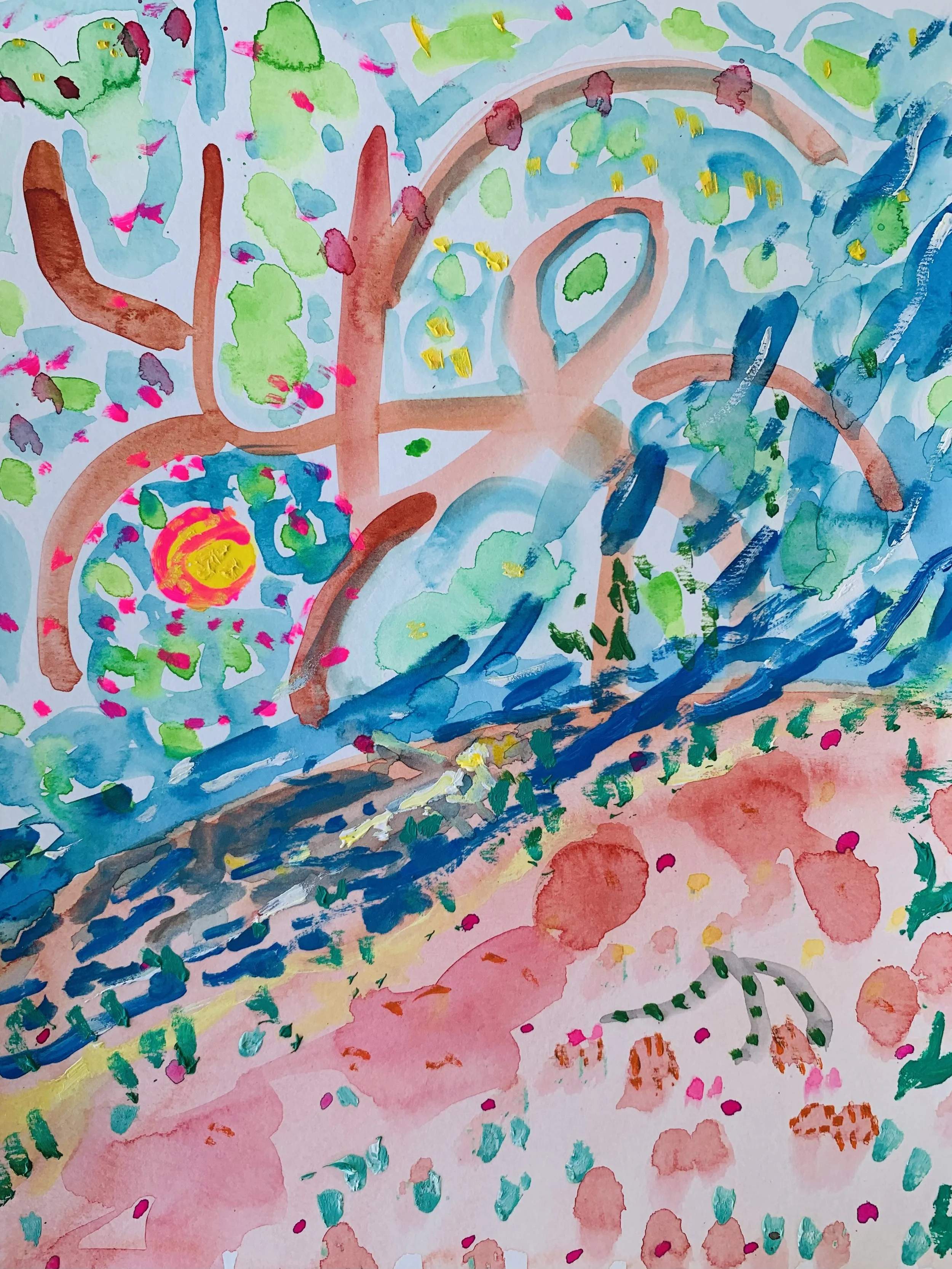 Kavanayén, los arboles en el río. 2025 Water color and oil on paper 9 x 12 in 22.9 x 30.5 cm