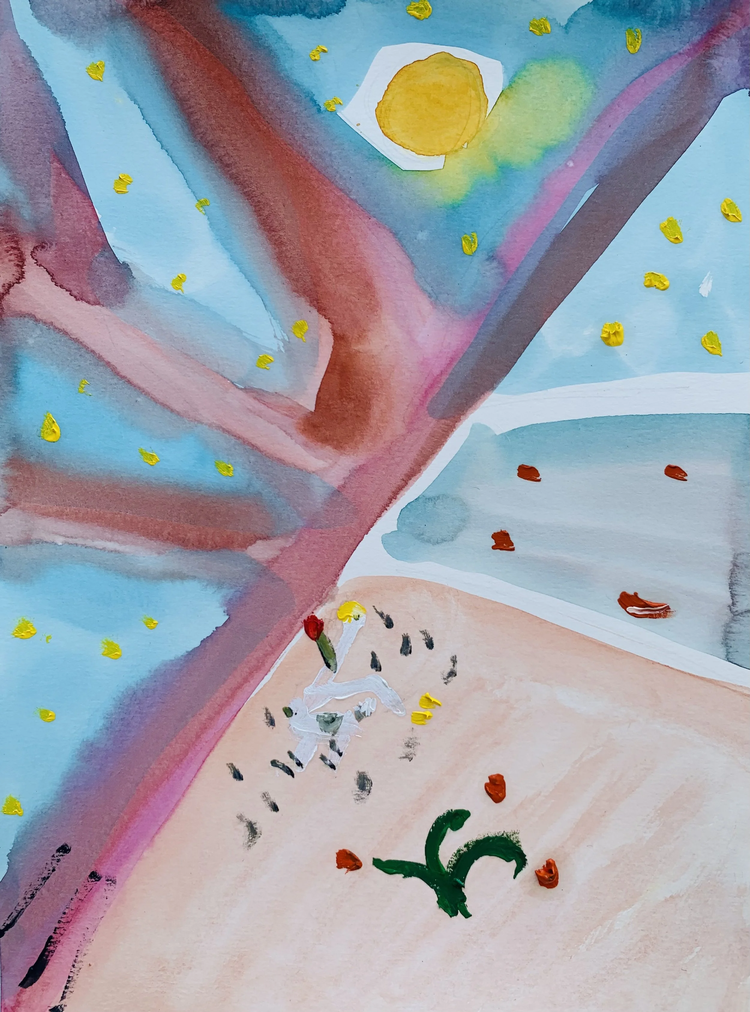 Kavanayén, árbol inclinado. 2025 Water color and oil on paper 9 x 12 in 22.9 x 30.5 cm