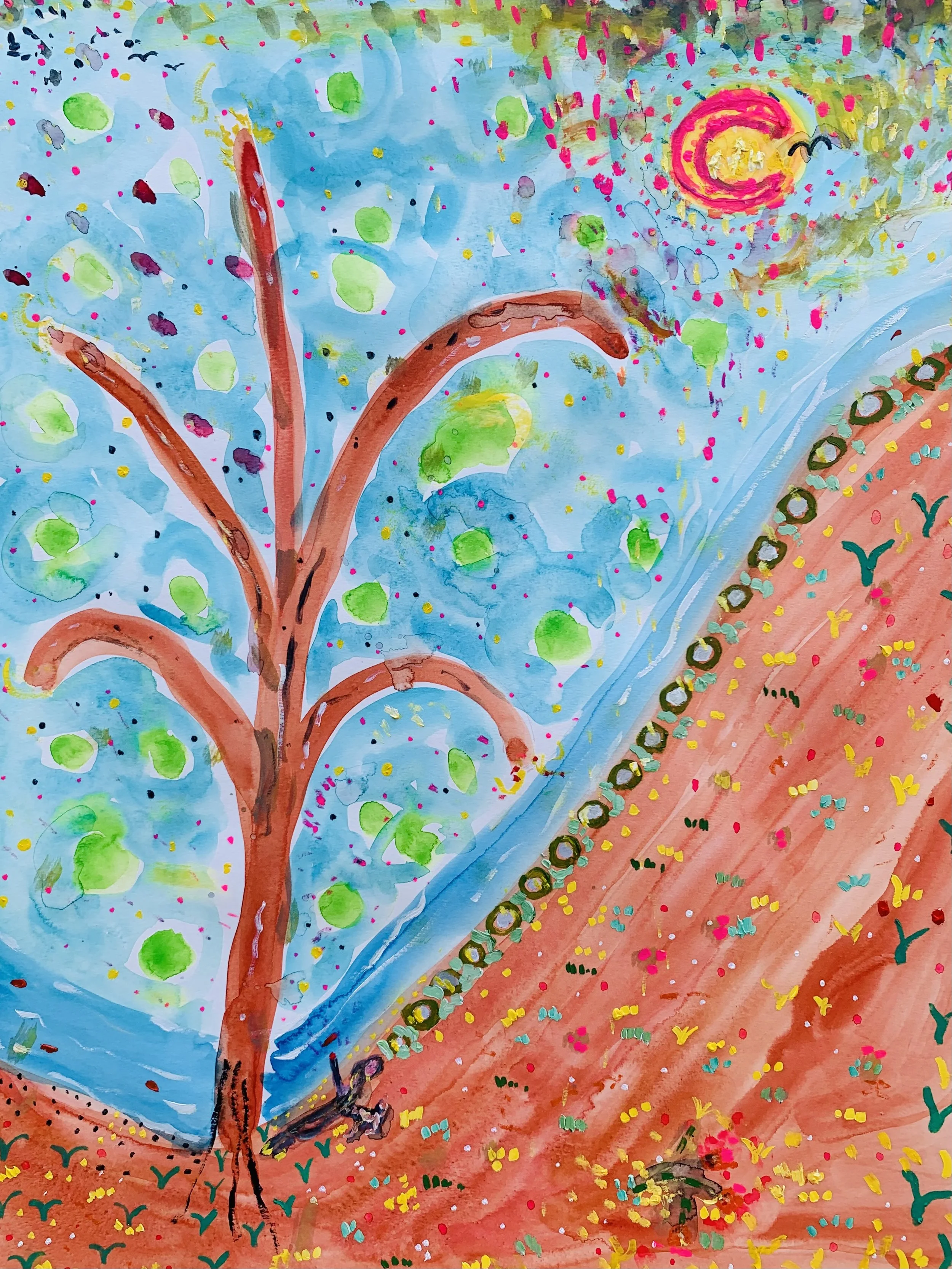 Kavanayén, bajo la quebrada. 2025 Watercolor and oil on paper 45,7x61 cm 18x24 in