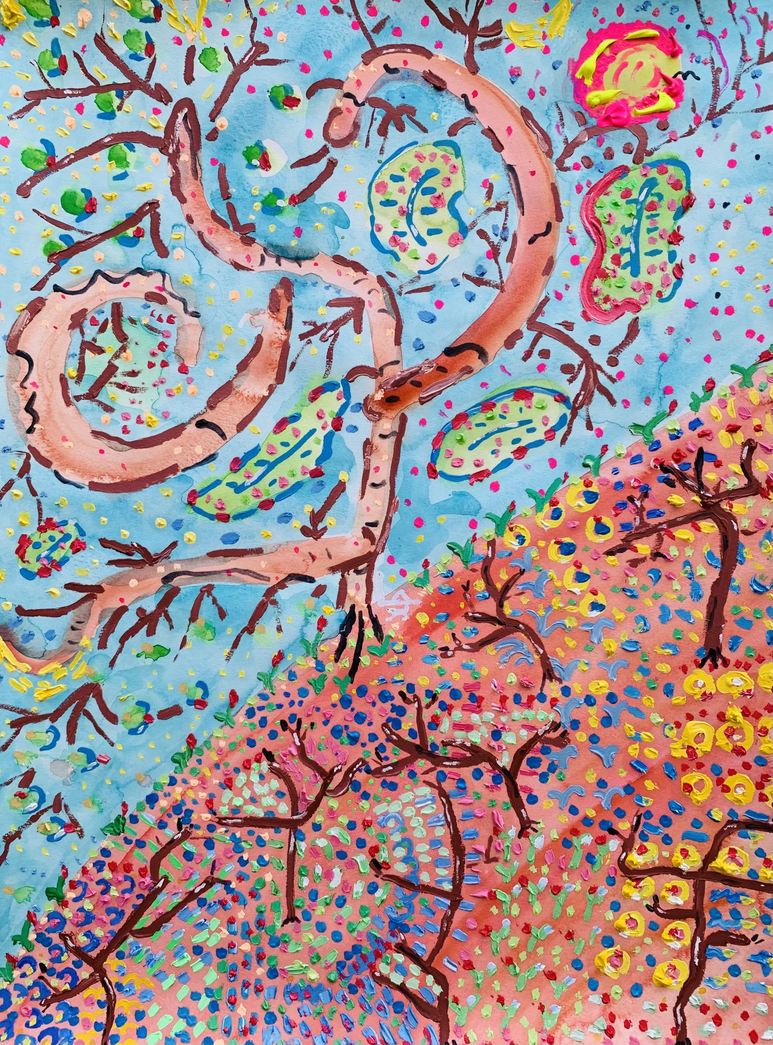 Kavanayén, escondida en la maleza. 2025 Watercolor and oil on paper 45,7x61 cm 18x24 in