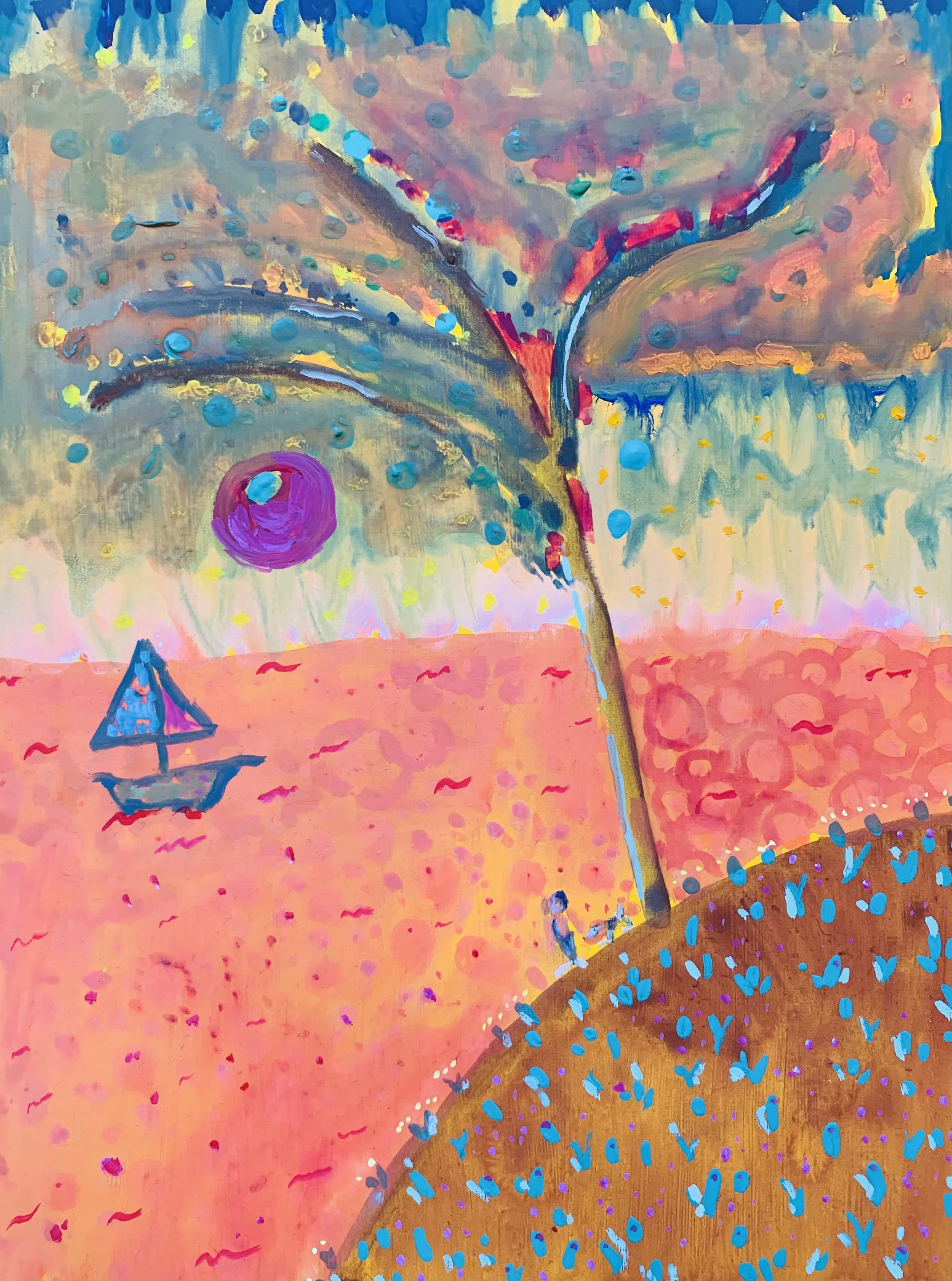  Kavanayén,fisherman under &nbsp;the moon. 2025  Gouache on paper 9 x 12 in 22.9 x 30.5 cm 