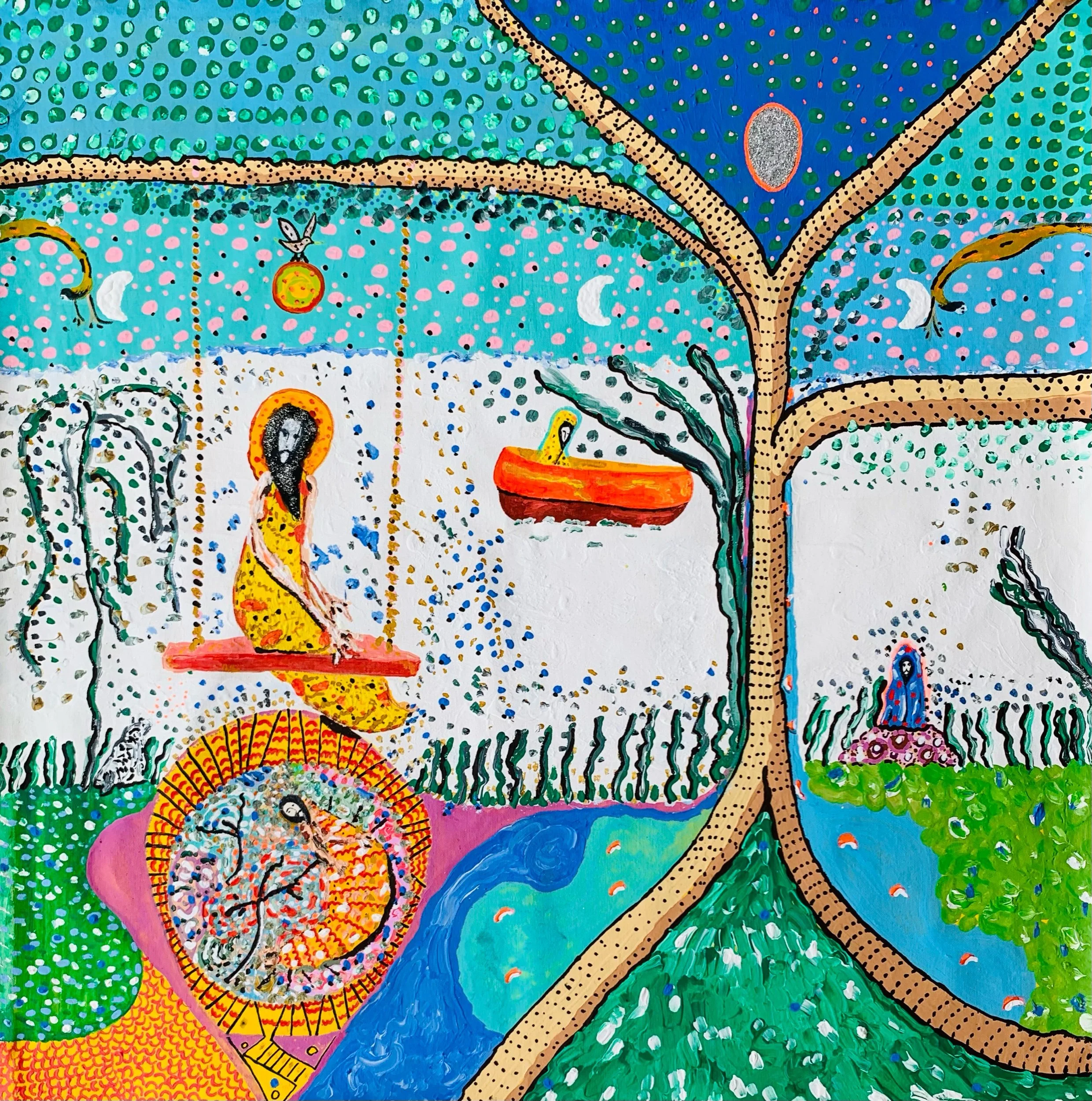Kavanayén, tree of life Orinoco river. 2025 Gouache on canvas 36 × 36 in 91 × 91 cm