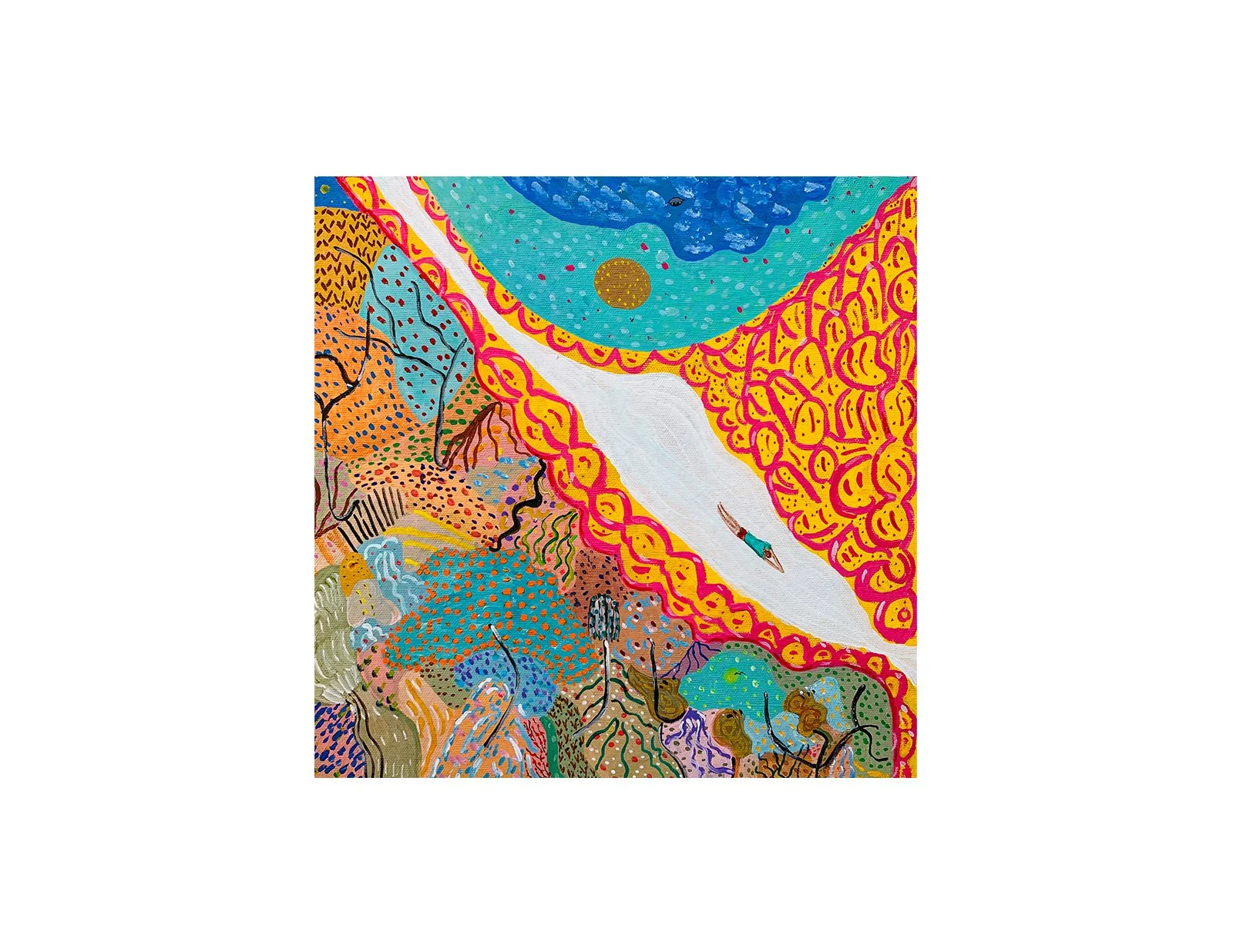  Kavanayén 04. Swimming in the Orinoco river. 2025  Gouache on canvas 14 × 14 in 35 x 35 cm 