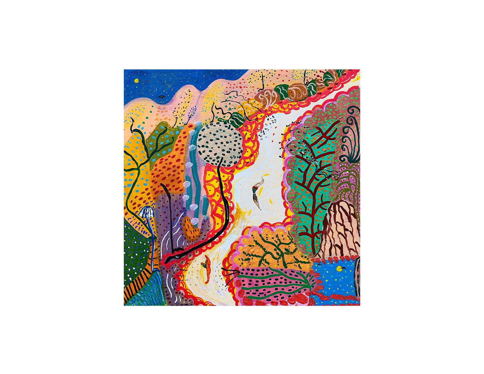  Kavanayén 04. Vidas duales. Orinoco river. 2025  Gouache on canvas 14 × 14 in 35 x 35 cm 