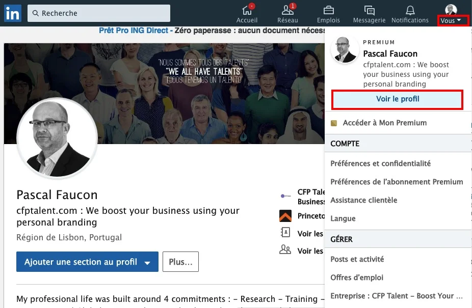 Etape 1: Cliquer dans le Menu sur Vous / Voir le profil