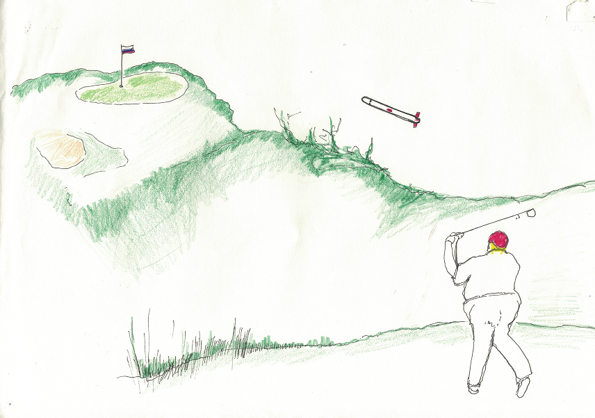 Political cartoon in a golf course setting