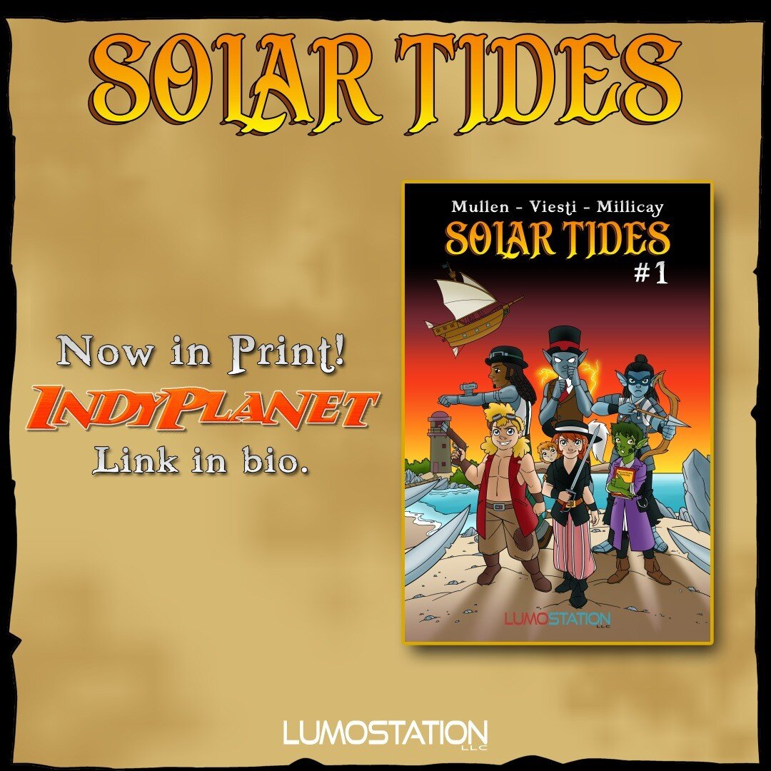 Solar Tides #1 is finally available in print from IndyPlanet! You can also find it in digital. Link in bio.

Find it here:
https://www.indyplanet.com/lumo-station

Follow Kass Kidd and her crew on a galactic pirate adventure as they navigate the High