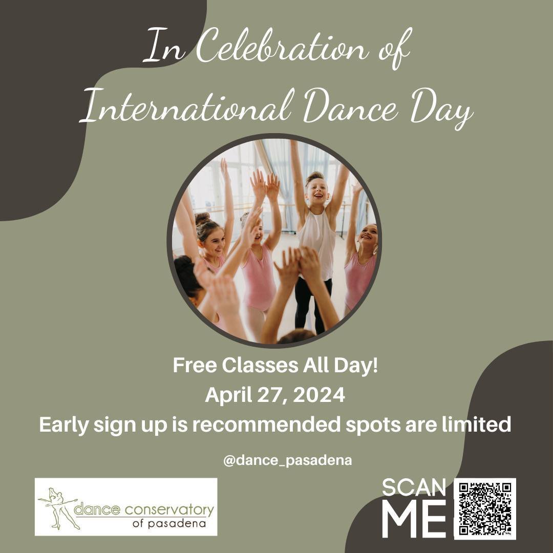 Join us as we celebrate International Dance Day on Saturday, April 27th with ALL FREE classes. Register online to reserve your spot. New Student Promo on this day! 
Come try a class and then stay for a while dancing with DCP.