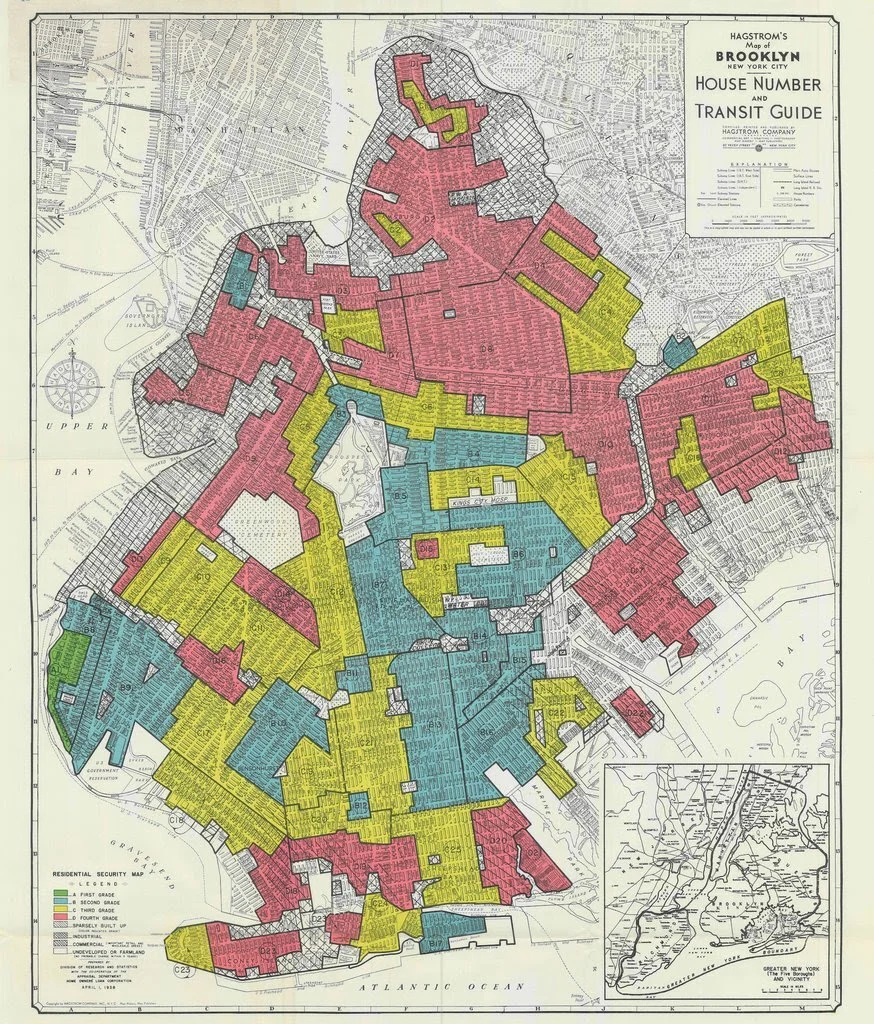The 1938 Home Owners’ Loan Corporation map of Brooklyn.Credit...National Archives and Records Administration, Mapping Inequality (courtesy of The NY Times)
