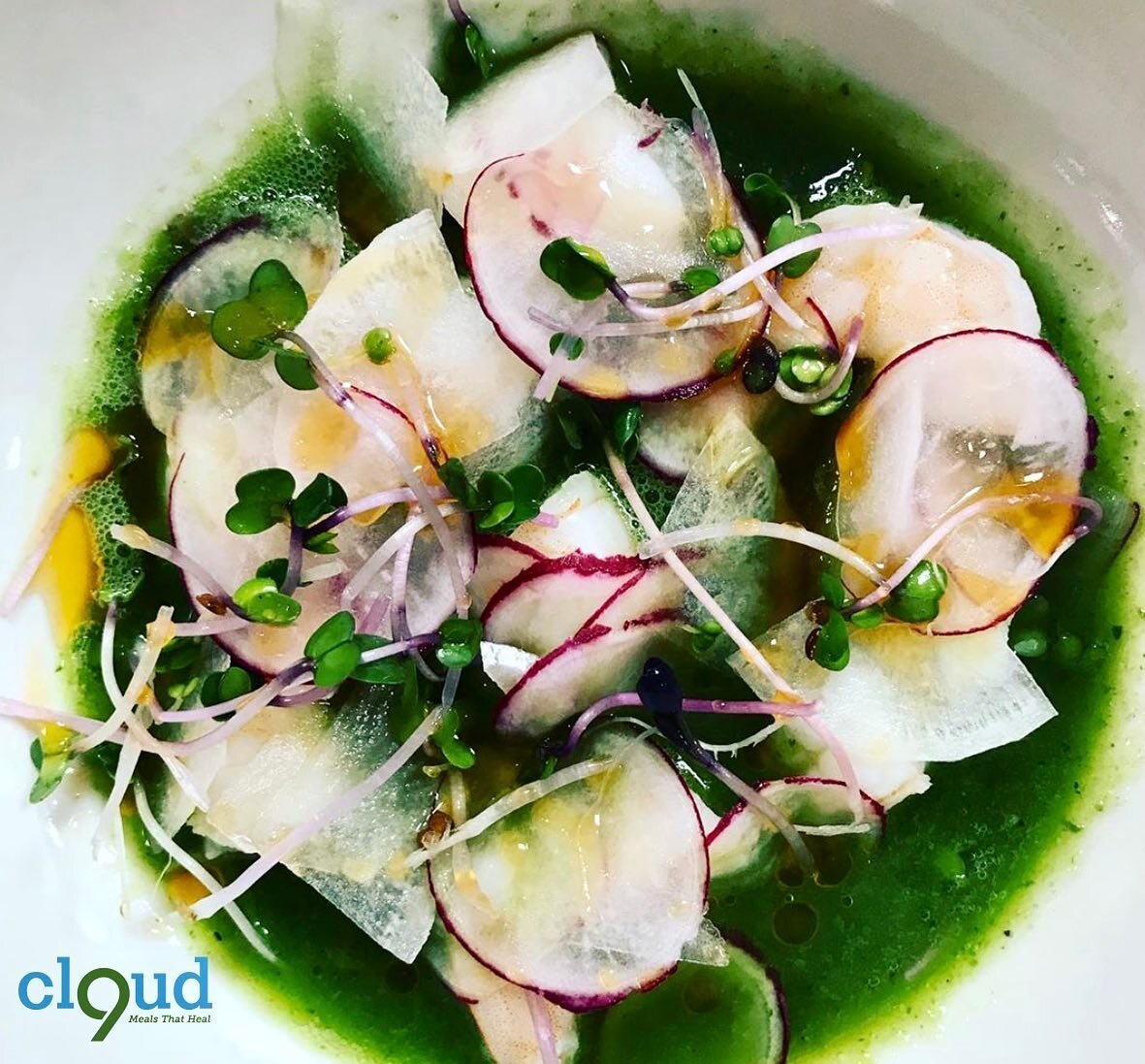 Shrimp in Smoked Jalapeño Aguachilie, Daikon, Radish, Cucumber, Infused Shrimp Oil. Chef Ken Baker - Are you a Cannisbis Chef? DM us for info on joining our team.#cannabiscooking #cannabisinfused #cannabischef