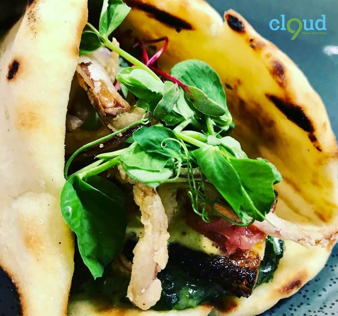 Smoked Pork Belly-Grilled Naan Wrap, Brie Creamed Nettles, Green Harris&rsquo;s Buttermilk, Fried Onions infused delight. #cannabisinfusions #cannabiscommunity #cannabiscooking #hempoil #cloud9meals #cannabischefs