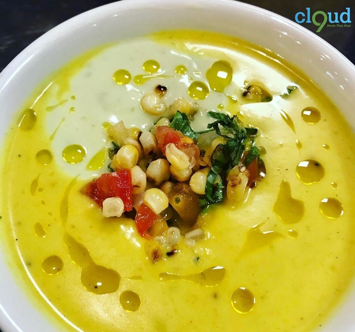 Chilled Avocado Crookneck Squash Yogurt Soup, Sweet Corn Relish. A delicious bowl of infused yummy. #cannabischef #mealsthatheal #cbdmeals #cookingwithcannabis #avocado Join out team!!!