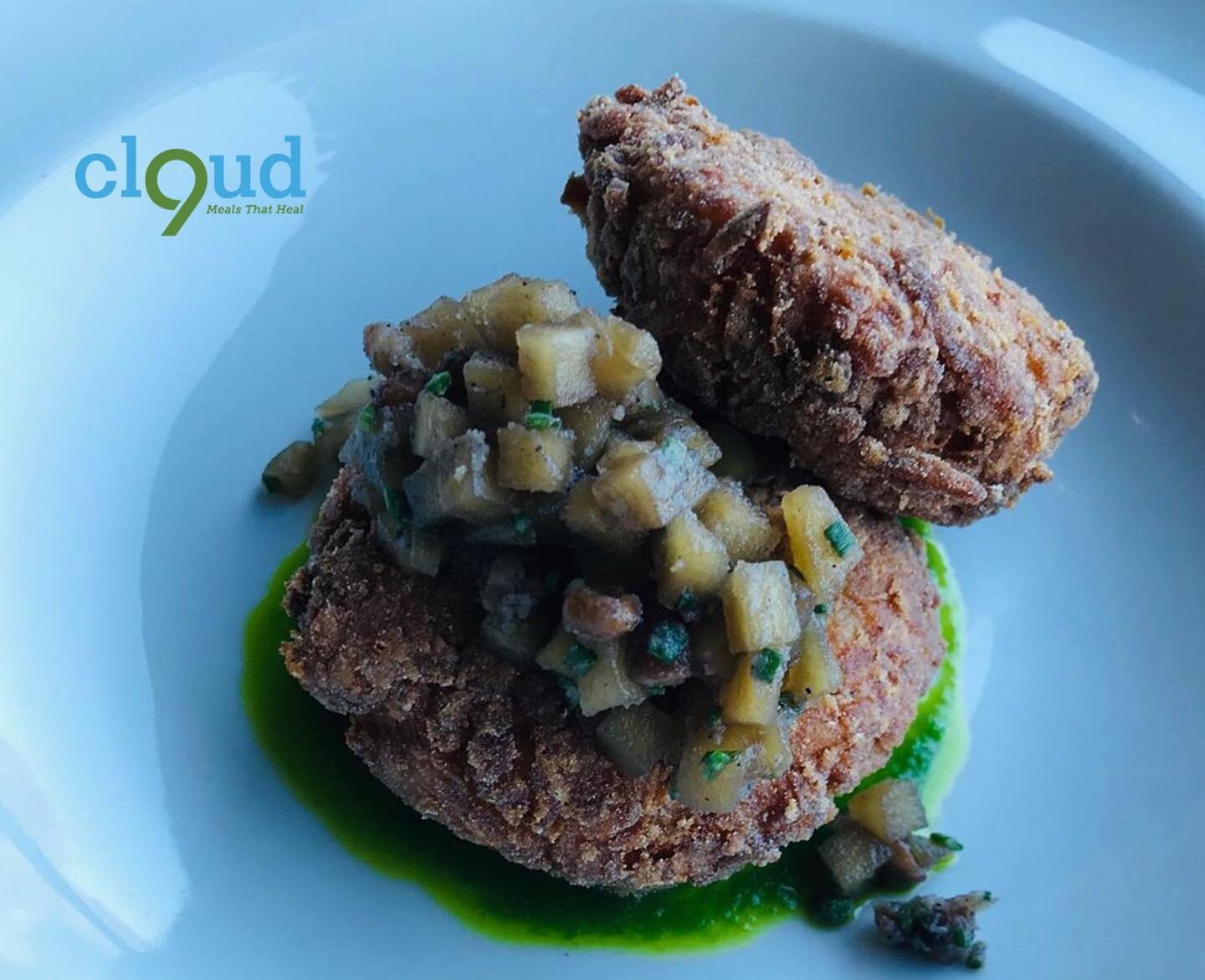 Lobster Potato Cakes, with Infused Brown Butter Apple Pecan Conserve. Are you a cannabis chef? Join our global team. #cannabiscooking #mealsthatheal #cbd #cloud9meals #bodyoncloud9