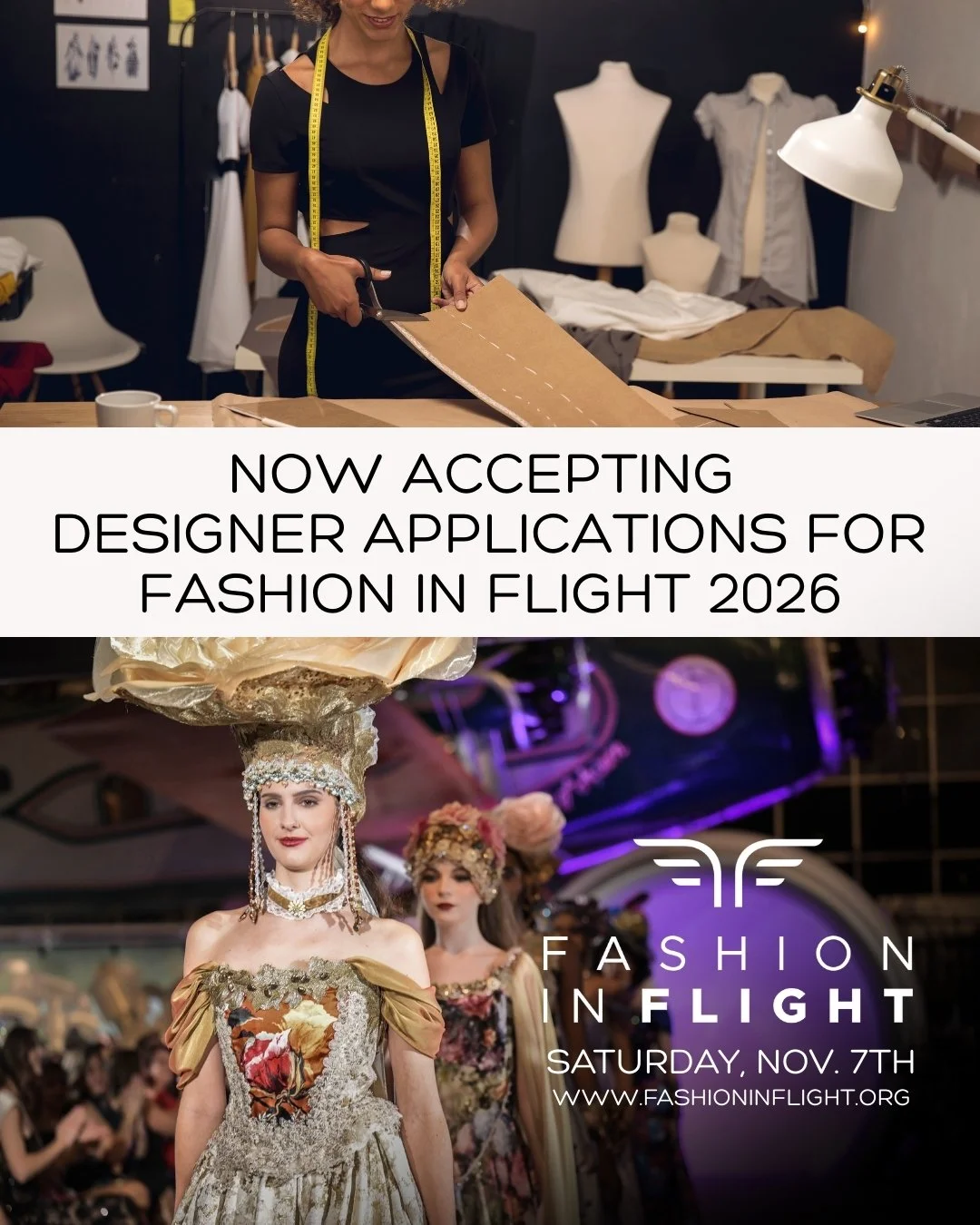 We have started accepting designer applications for Fashion in Flight 2026. 

Fashion in Flight is scheduled for Saturday November 7, 2026, this show has averaged over 550 attendees since this show was begun in 2023 and has established itself as a pr