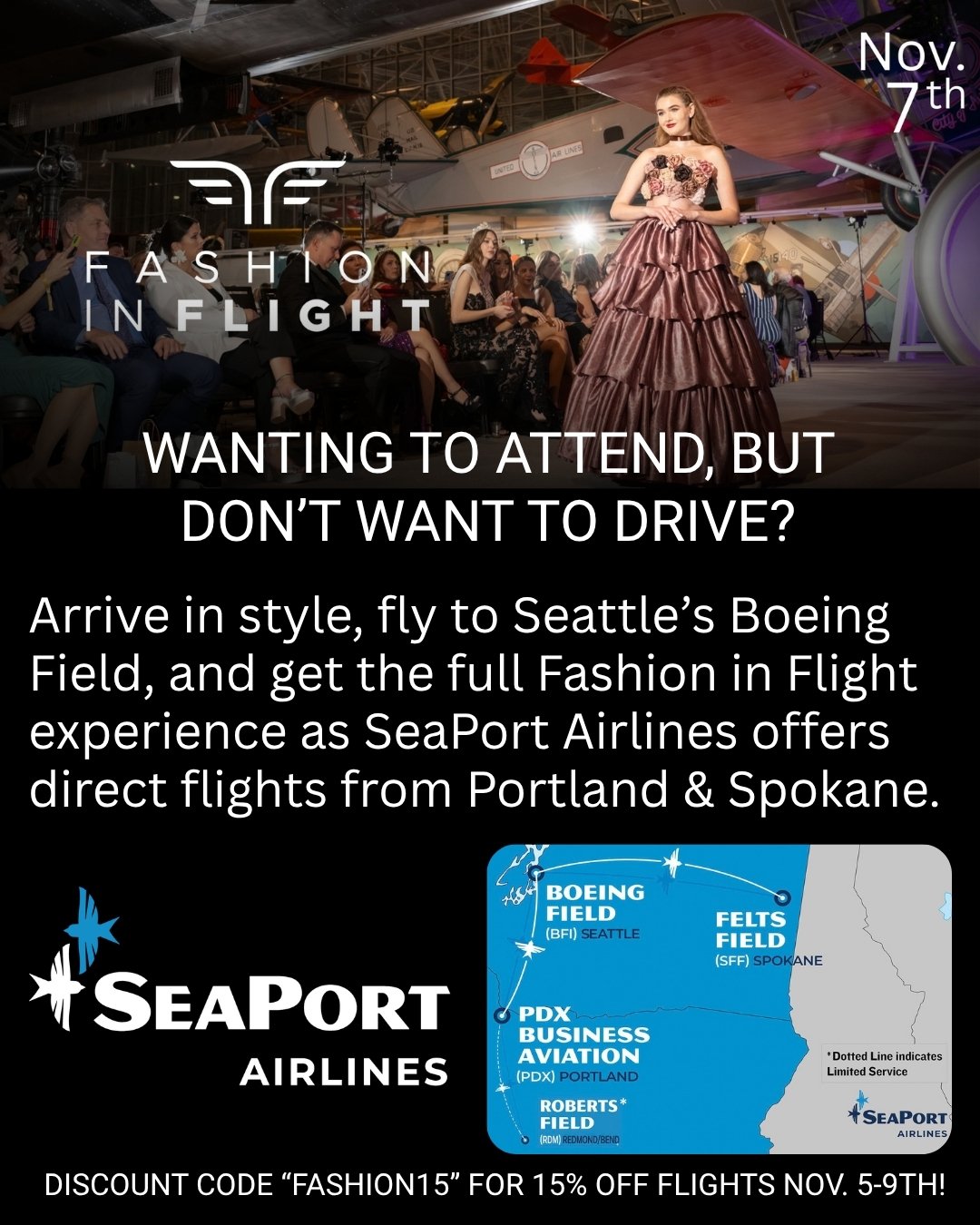 Fashion takes flight! ✈️ We&rsquo;re delighted to welcome SeaPort Airlines back as the official airline sponsor of Fashion in Flight. Attending the show on Saturday, November 7th? Use code &ldquo;FASHION15&rdquo; to save 15% on flights from November 