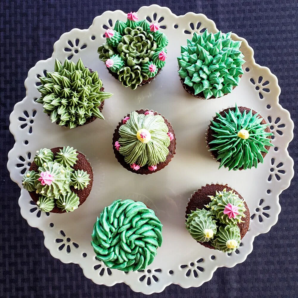 Cupcakes decorated with green piped icing resembling various succulent plants, arranged on a white doily.