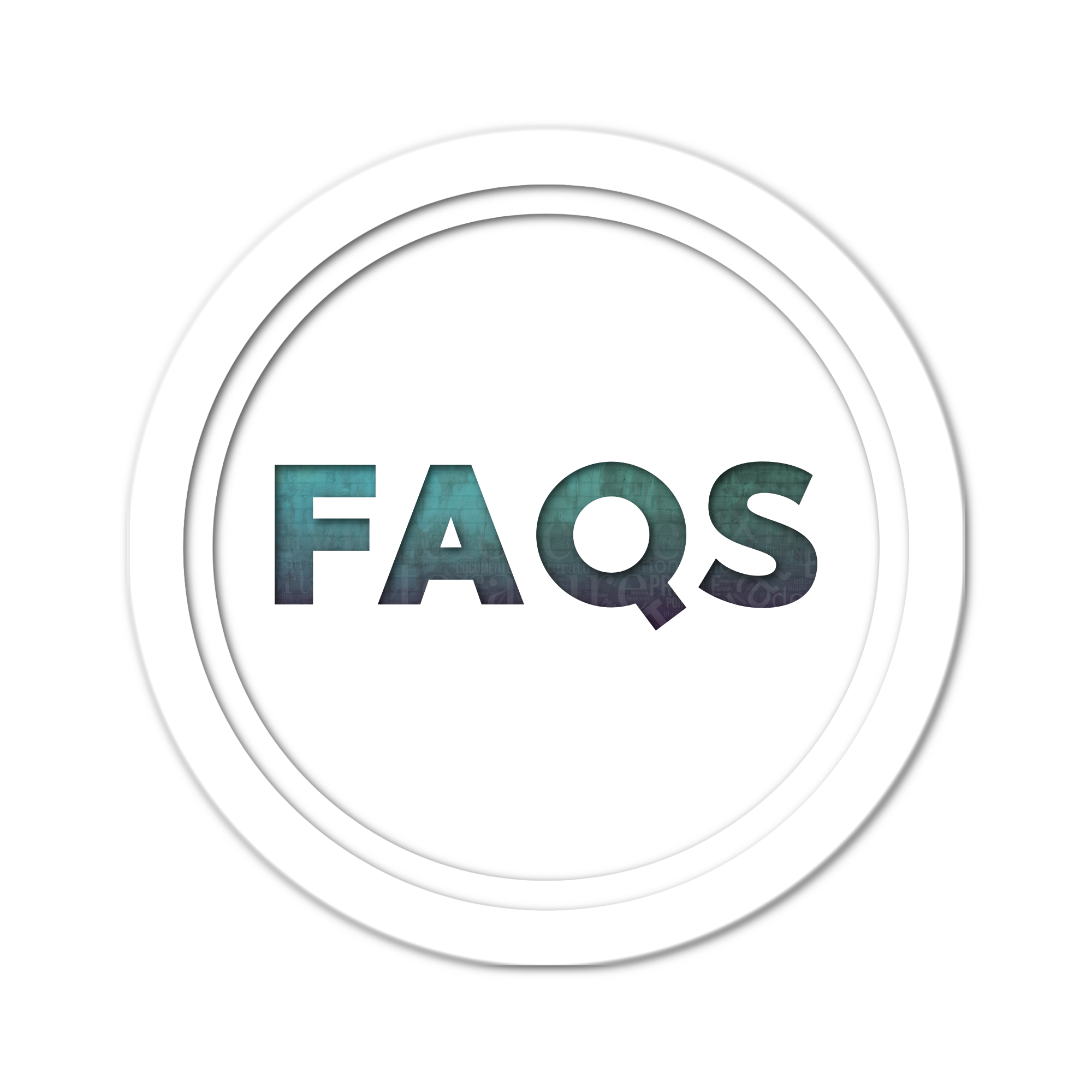 Graphic with the word 'FAQs' in bold, gradient-text, inside a white circle