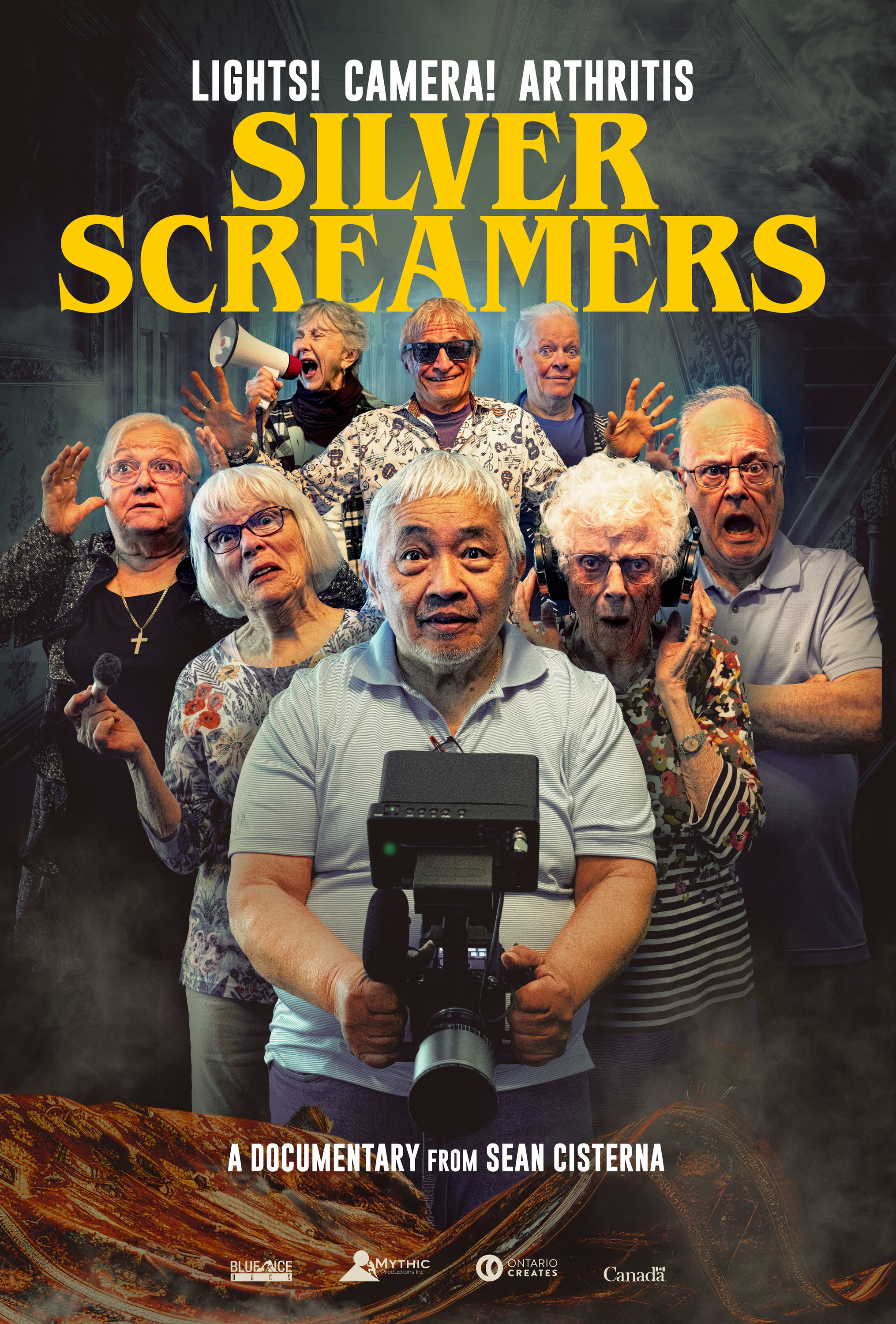 Silver Screamers - Film Poster, Group of seniors posed around film equipment