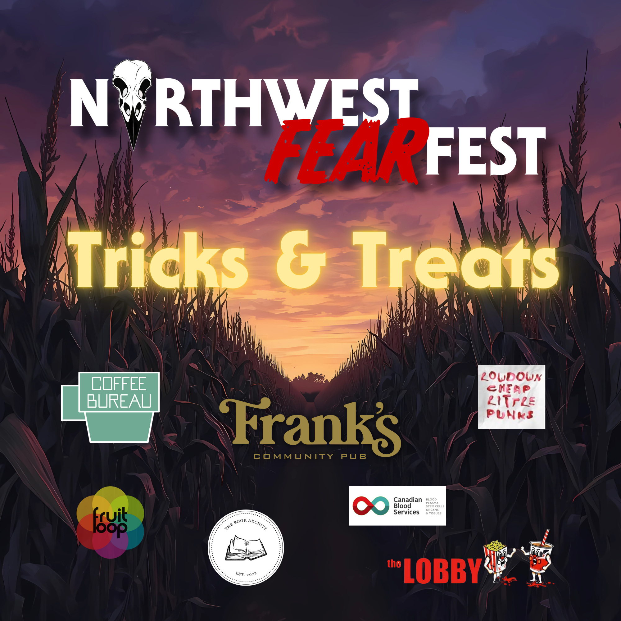 SPONORS LOGOS, Frank's, Coffee Bureau, Book Archive, Low Down Cheap Little Punks, Blood Services NexGen, Fruit Loop, The Lobby