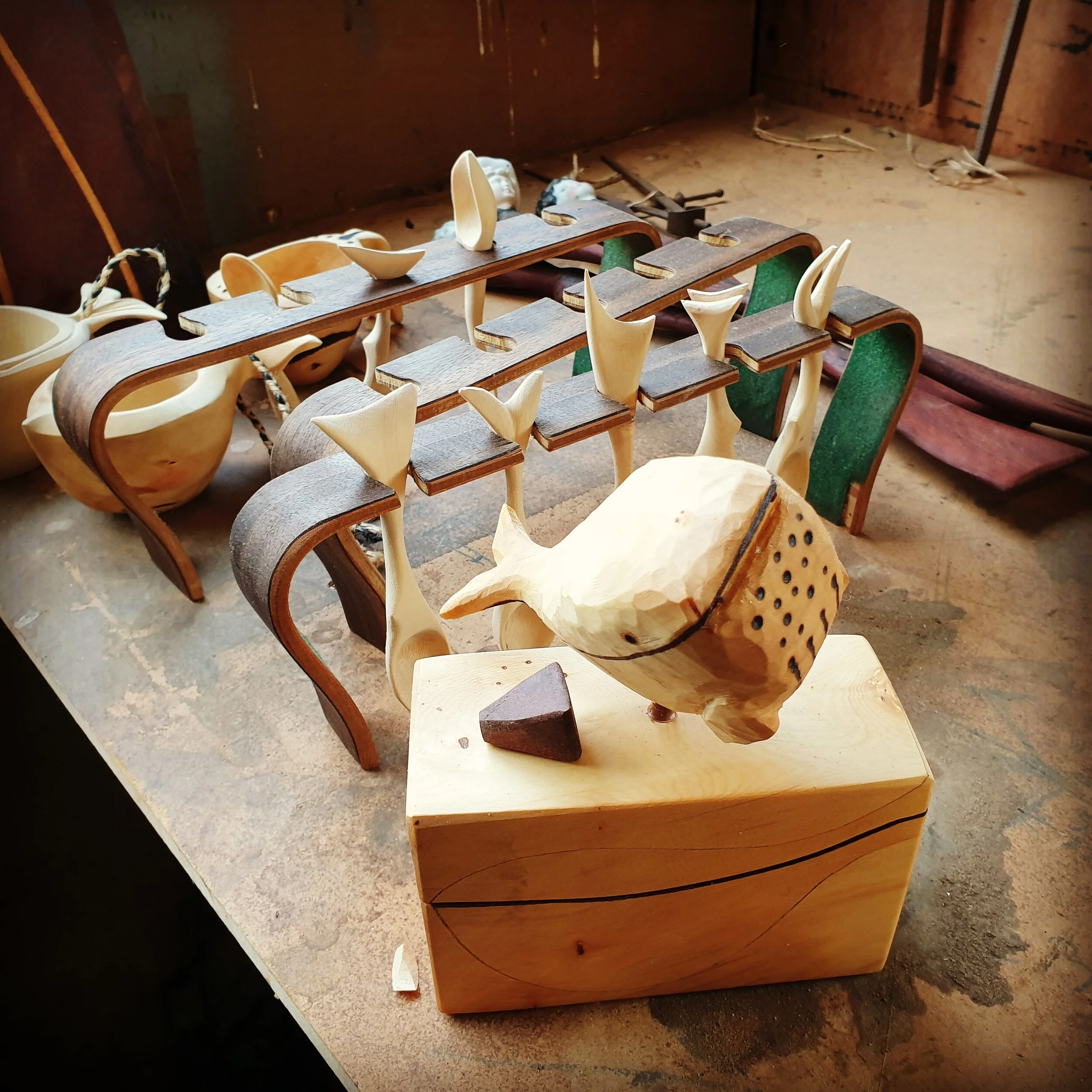 Huon Pine - Whale in (on) a box, fish spoons - Exhibition 2019