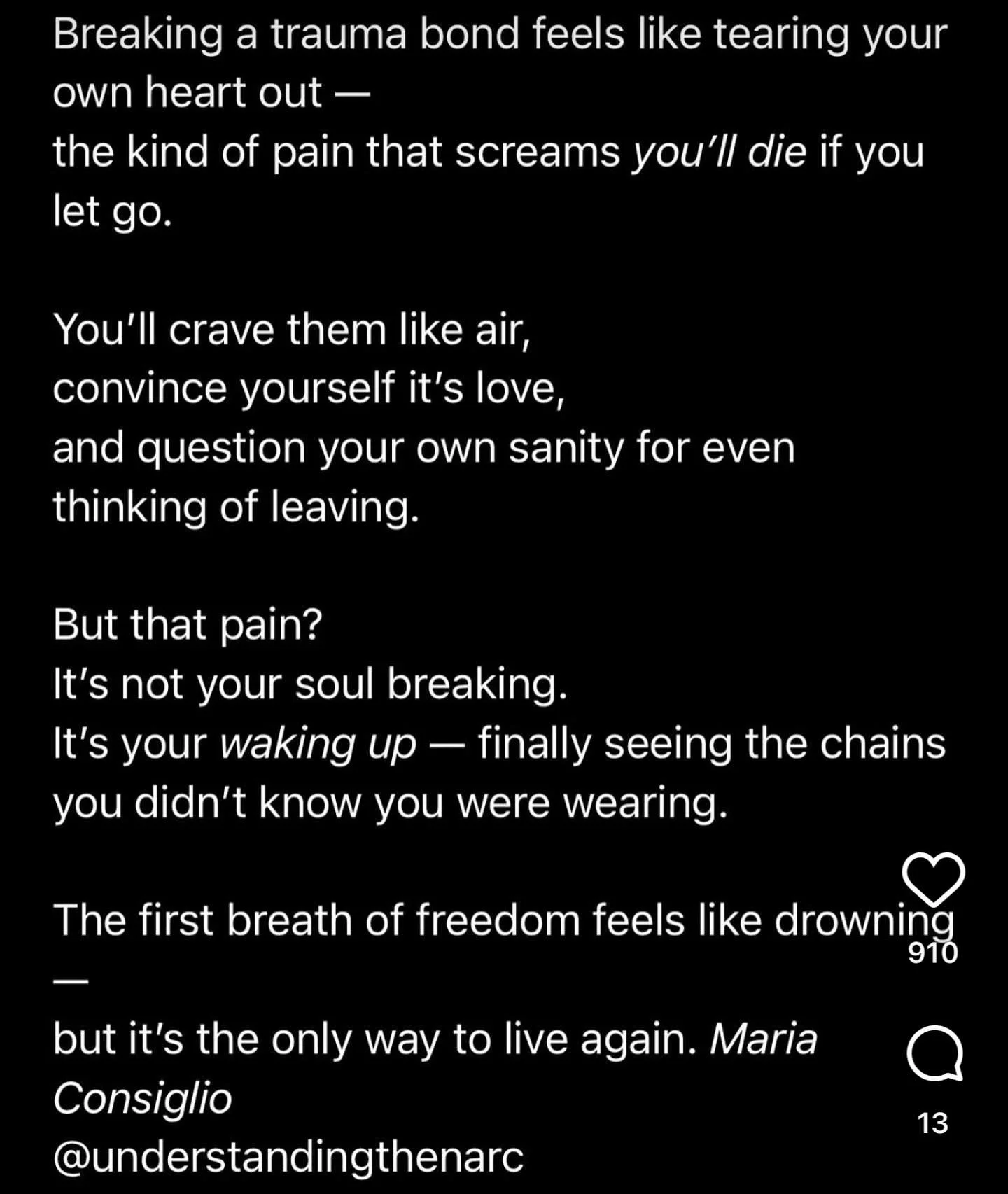Breaking free from a trauma bond. 

#healingsolutionsllc 
#traumabond 
#traumarecovery 
#narcabuserecovery