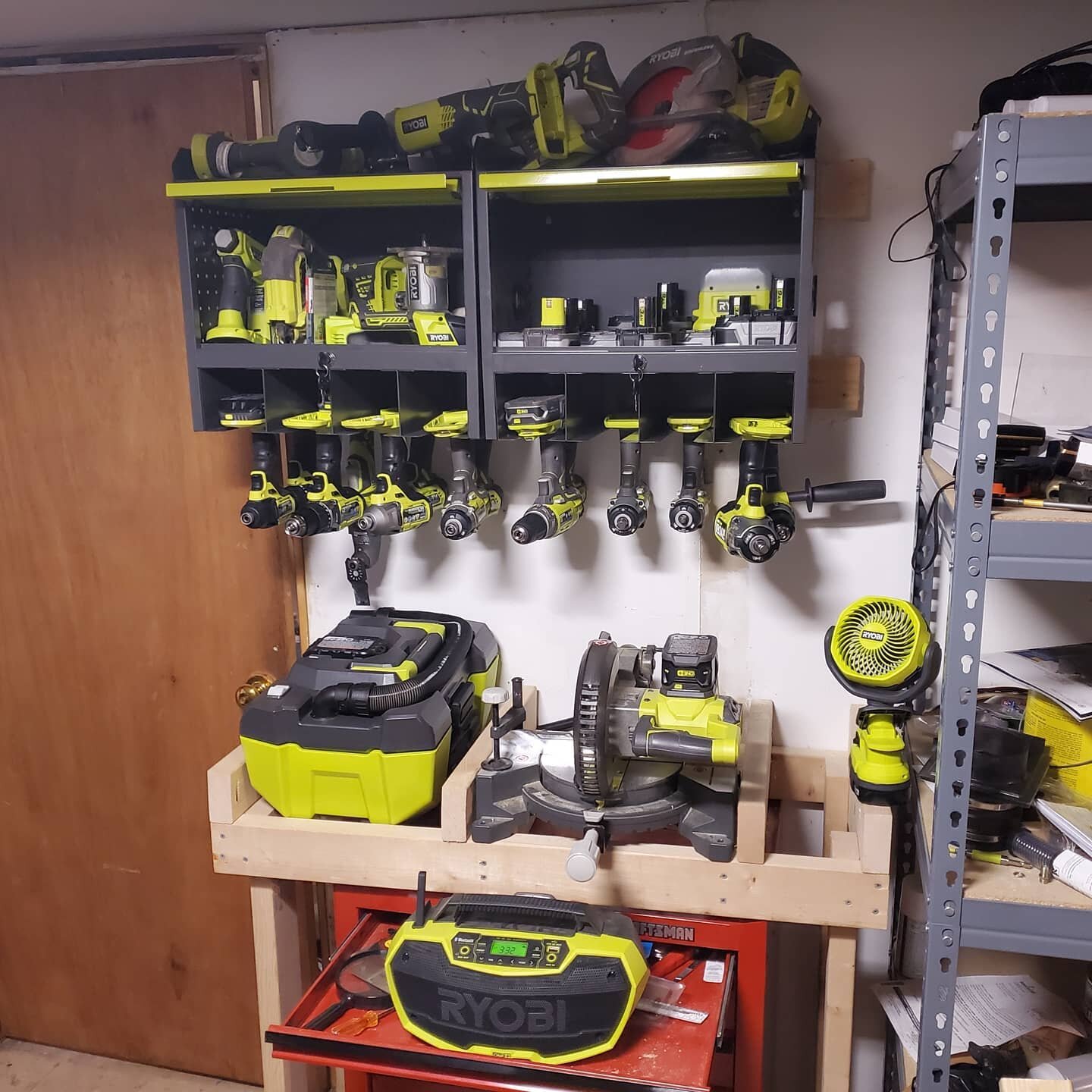 I'm ready for my sponsorship @ryobitoolsusa 😂 this doesn't even include my Ryobi gardening tools, vacuums, and other miscellaneous tools I forgot to put away! Who else loves Ryobi?? 
.
.
.
#woodworking #woodisgood #finewoodworking #ryobi #ryobinatio