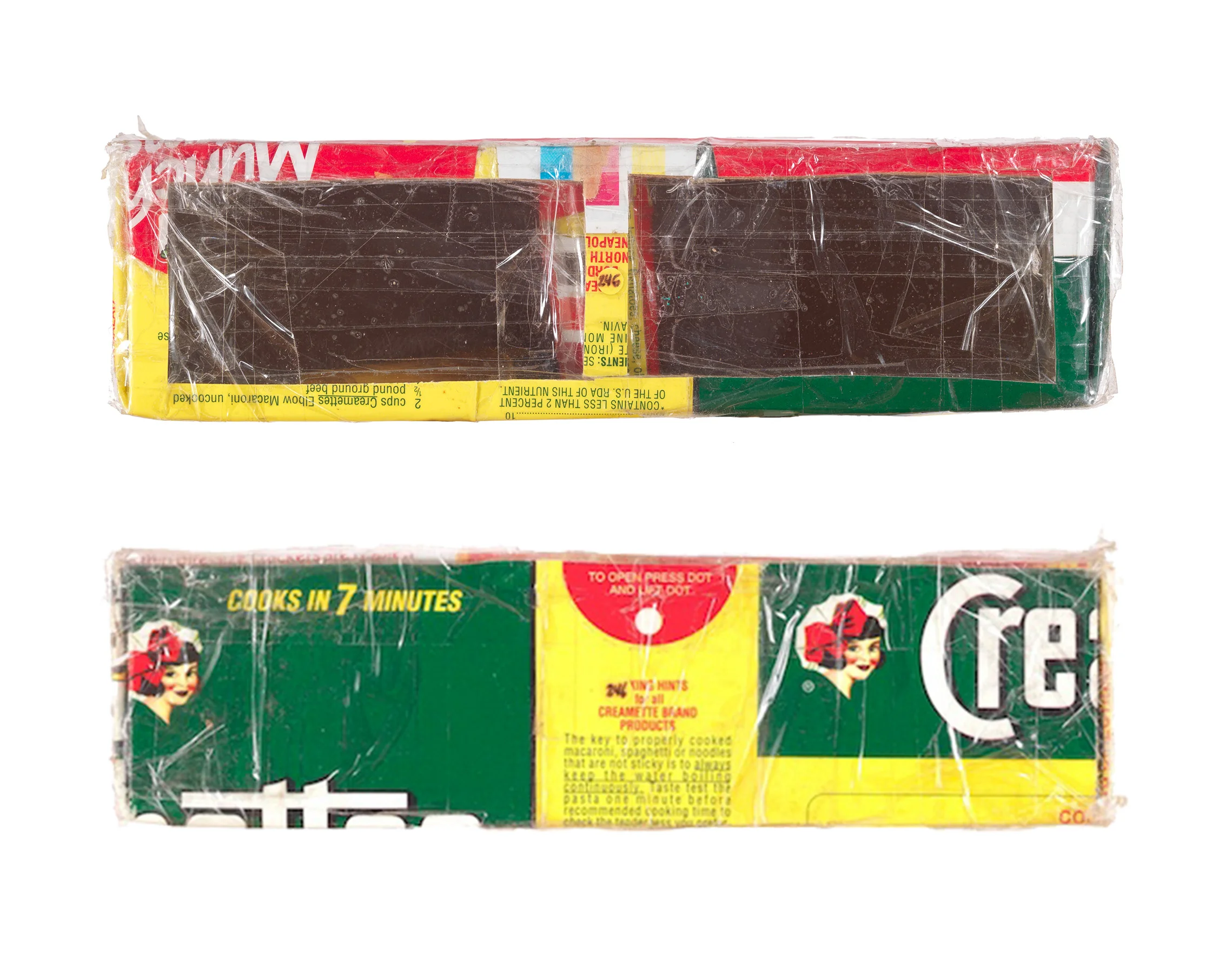 Archival Structure 5: Bricks (Brick #246 Creamette Box) Conserved paperboard and PVC plastic packaging, detritus and ephemera, 2.5 x 9 x 4.5”. 2010.