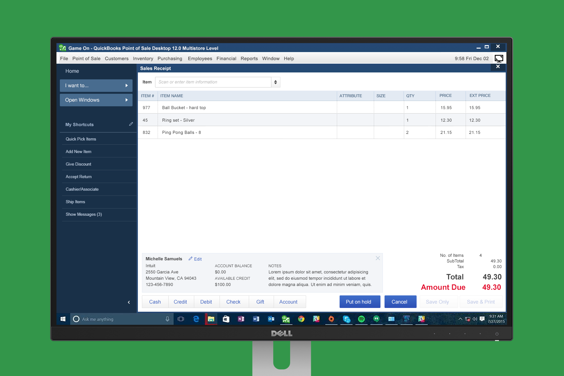 Make a Sale with my original visual design recommendation. I proposed using a similar style and color palette as QuickBooks Desktop and Online, which many POS customers use for accounting.