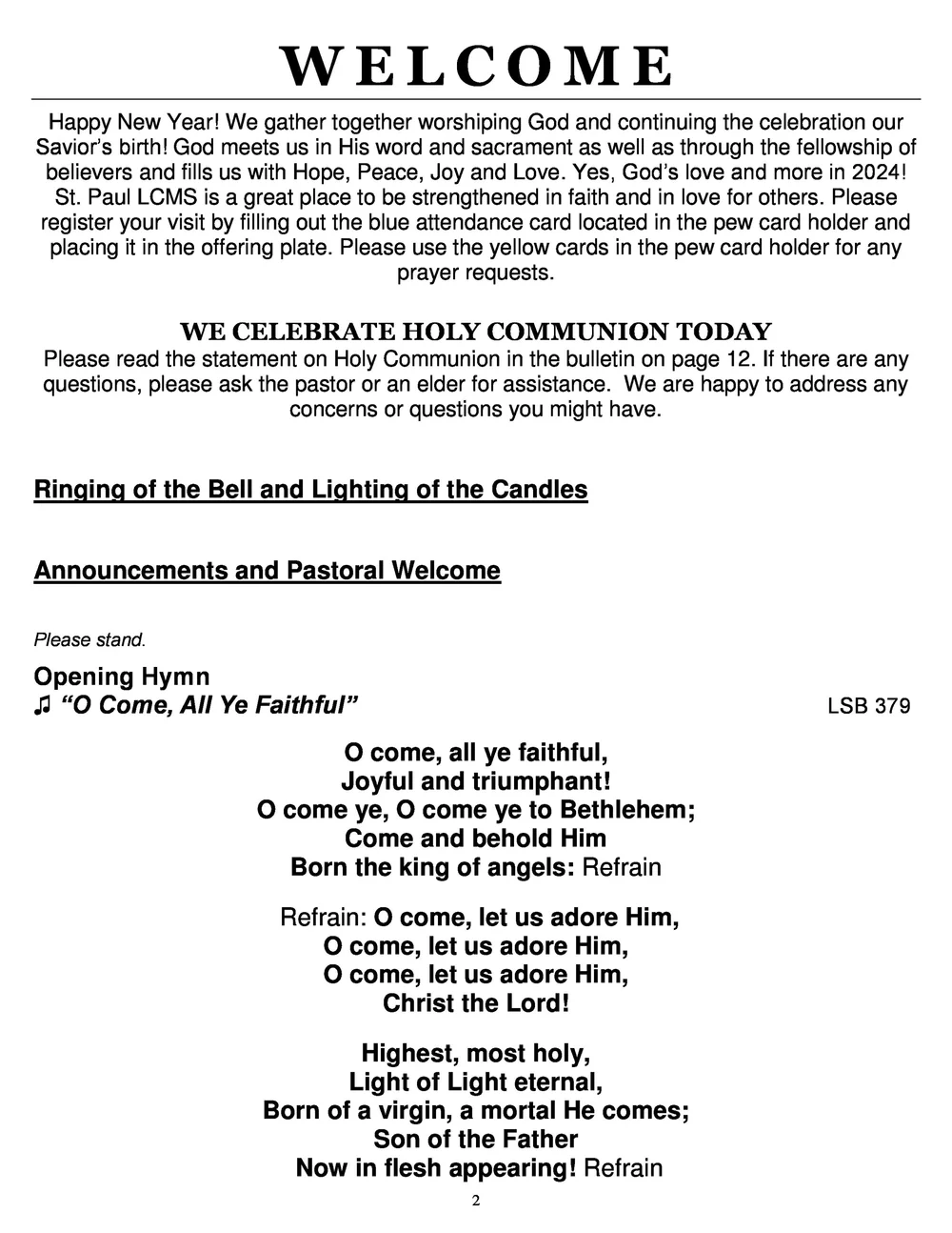 Worship Bulletin and Announcements for December 31, 2023 - First Sunday  after Christmas — St. Paul Lutheran Church and School, Thorndale, image size:1000x1294