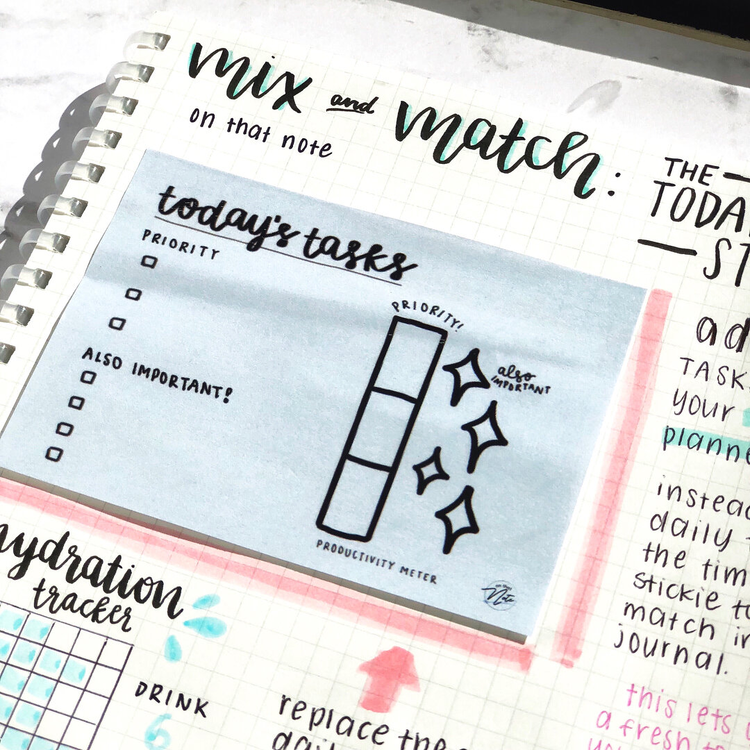 Mix and match your TODAY&rsquo;S TASKS STICKIE in your planner, bullet journal, or notebook! SWIPE ➡️➡️ to read more about this (written in the notebook)