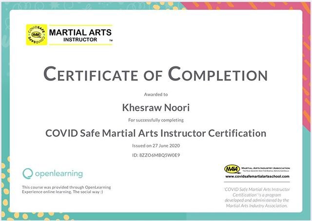 Sibak Stro Noori @k_hes_raw completed the Covid Safe Martial Arts Instructor Certification today. @martialartsindustryassociation 🐉 #DDOhana #Strong