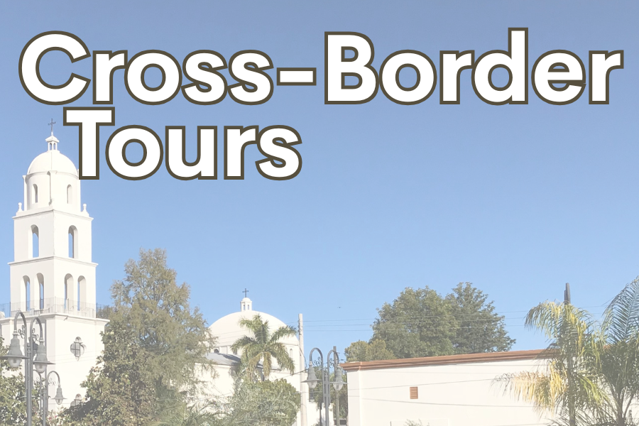 Image of trees and bell tower of a church. Text across the image reads "Cross Border Tours"