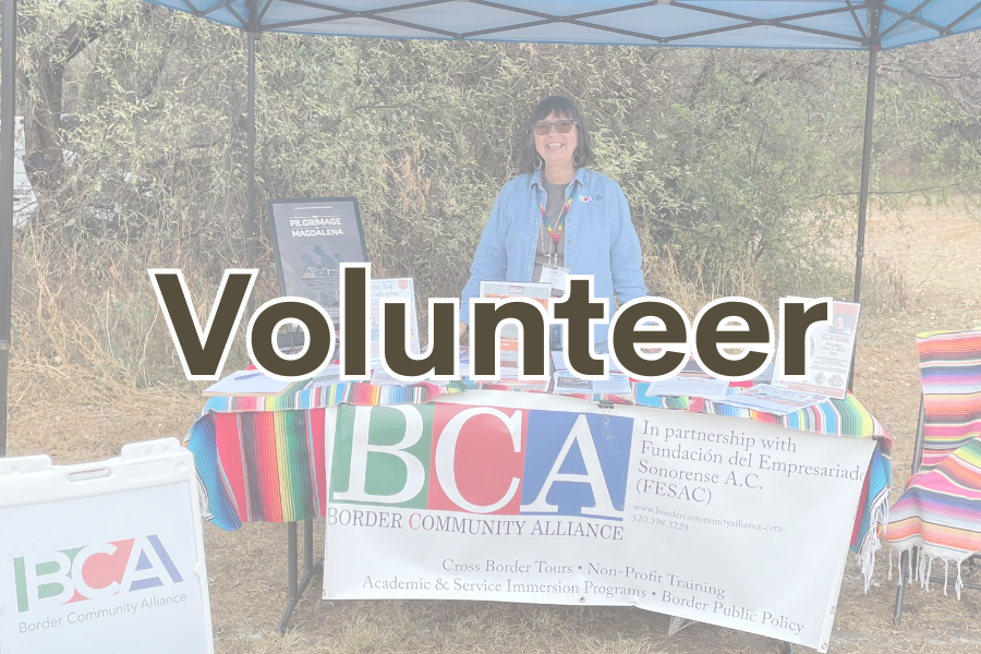 Image is a person standing behind a table that has a BCA sign and flyers. Text across the image reads "Volunteer"