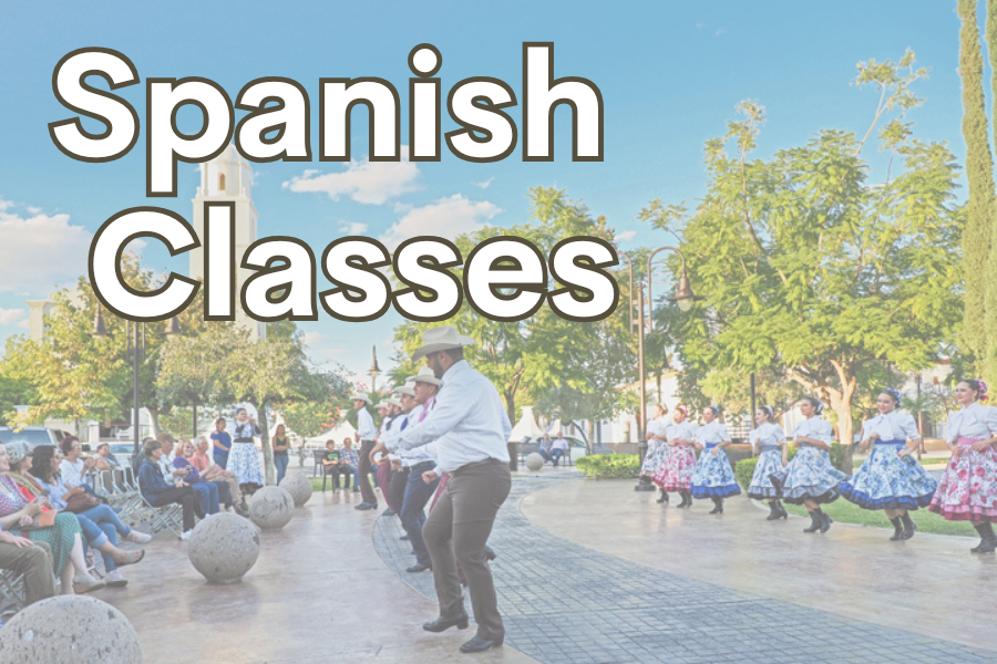 Image outdoor performance by folklorico dancers. They are performing for an audience in an outdoor plaza on a sunny day. Text across the image reads "Spanish Classes"