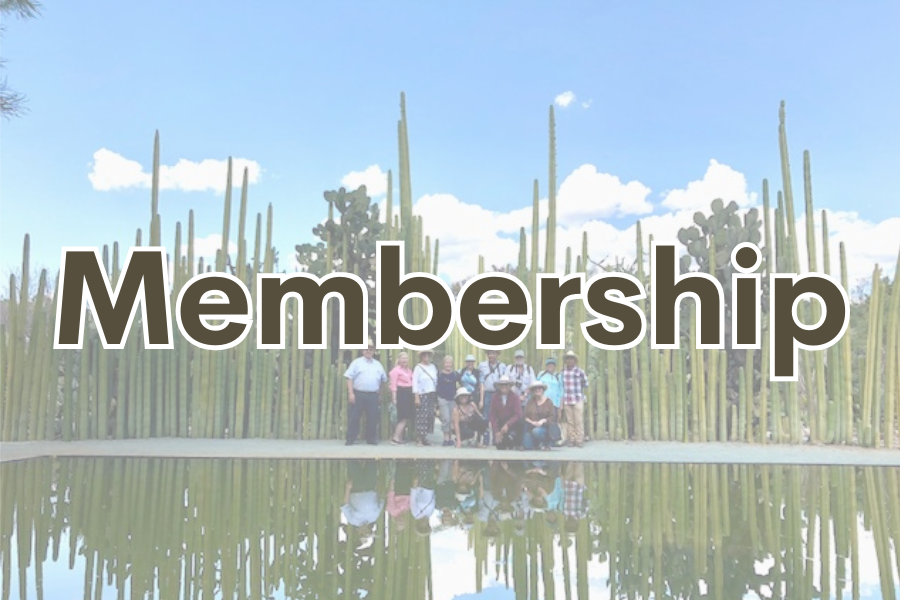 Image of a group of people standing in front of a lot of cacti. Text across the image reads "Membership"