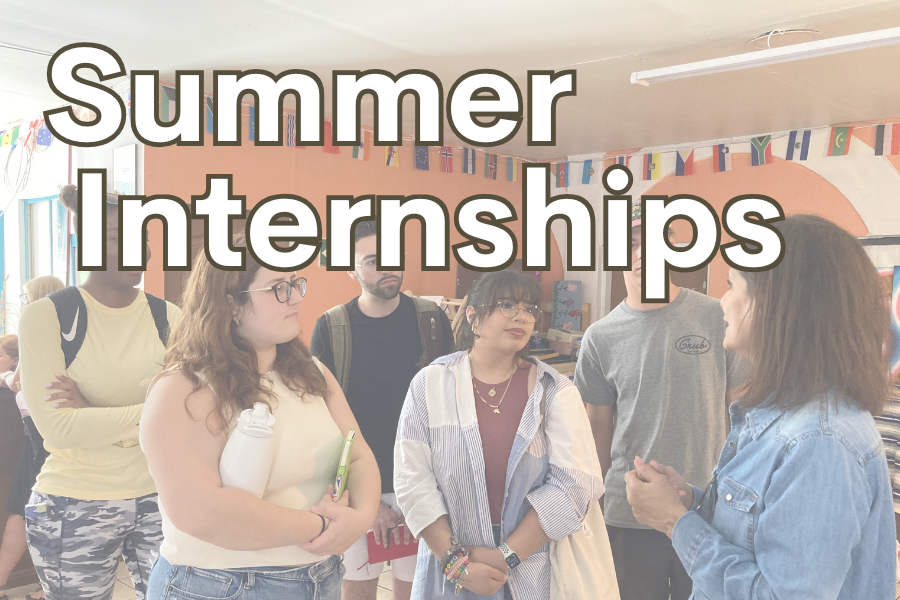 Image five students listening to someone speak inside a classroom. Text across the image reads "Summer Internships"