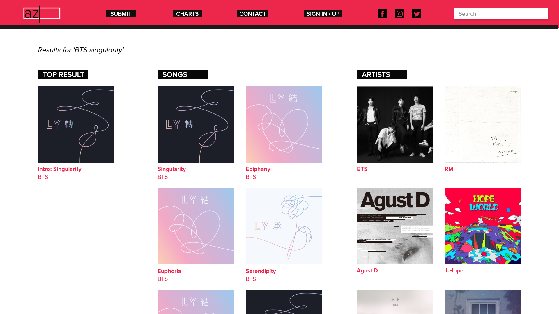Redesigned search results page—divided into the top result, related songs, and related artists horizontally.