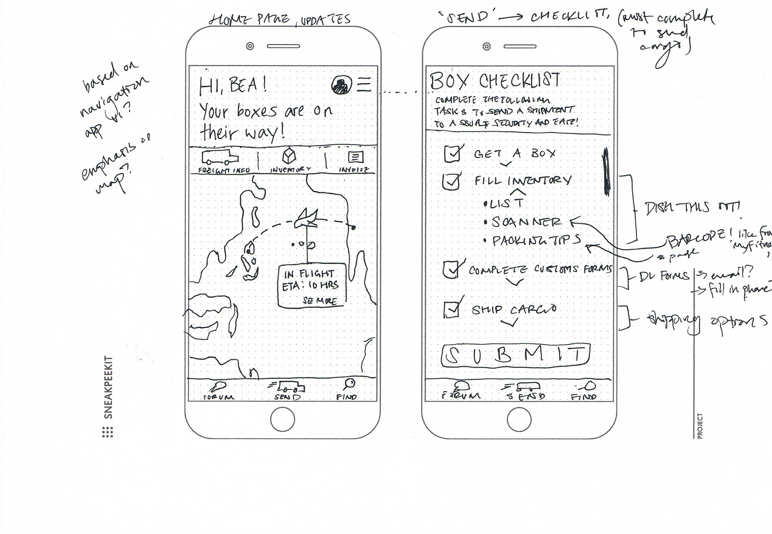 Low fidelity sketches—tracking shipment and step-by-step shipping instructions