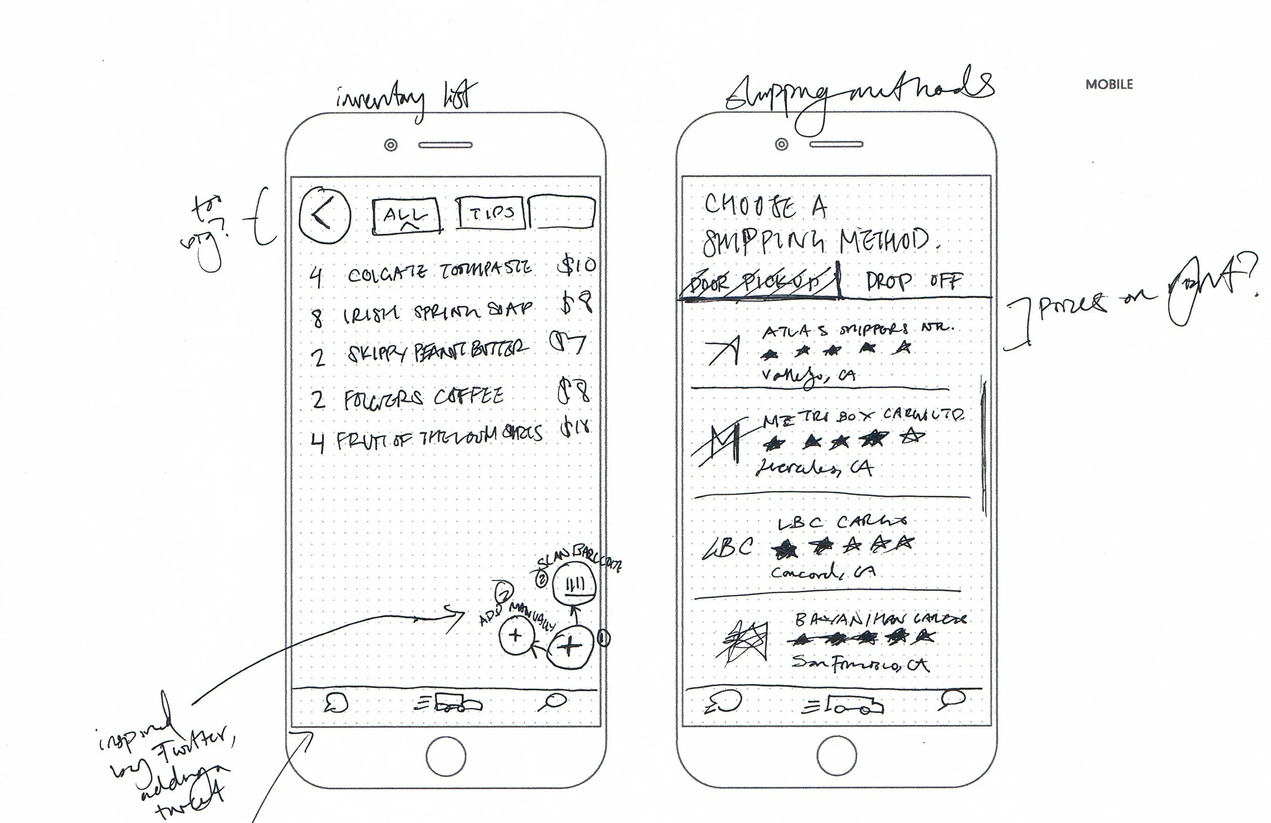 Low fidelity sketches—adding to itemized list and comparing freight services