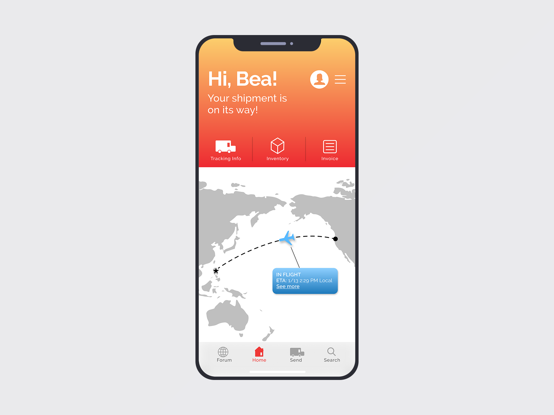 Home screen showing tracking info of user’s current shipment.