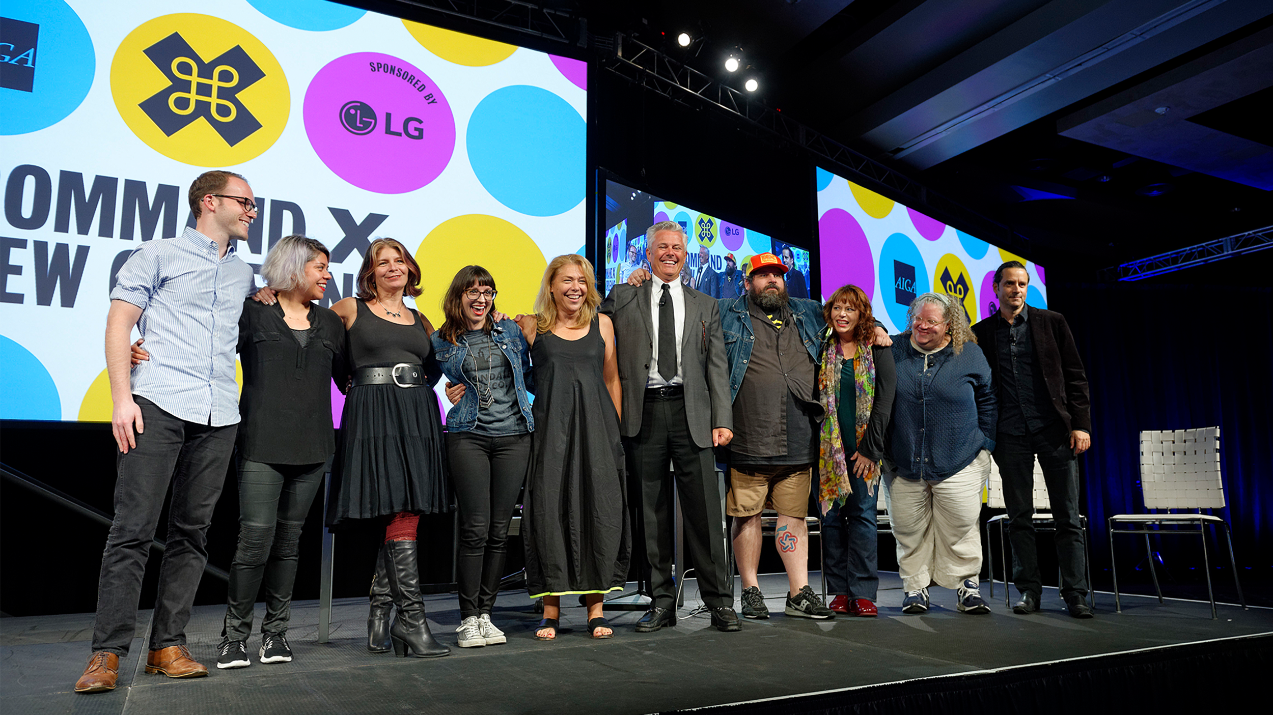 Left to right: Russell Shaw, Sarah Azpeitia, Maria Giudice, Amy Schwartz, Bonnie Siegler, Sean Adams, Aaron Draplin, Robynne Raye, Gail Anderson, and Alan Chochinov . Photo Credit: Frank L Aymami III for AIGA, all rights reserved .