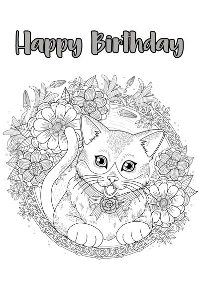 Free Birthday CAT Coloring Pages + printable cards (quick & easy ...