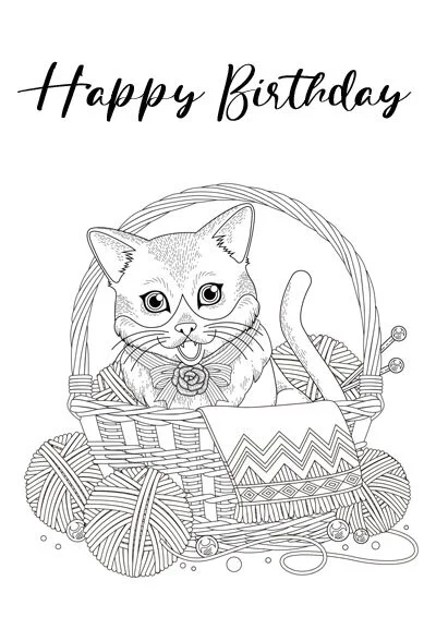 Free Birthday CAT Coloring Pages + printable cards (quick & easy ...