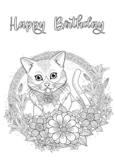Free Birthday CAT Coloring Pages + printable cards (quick & easy ...